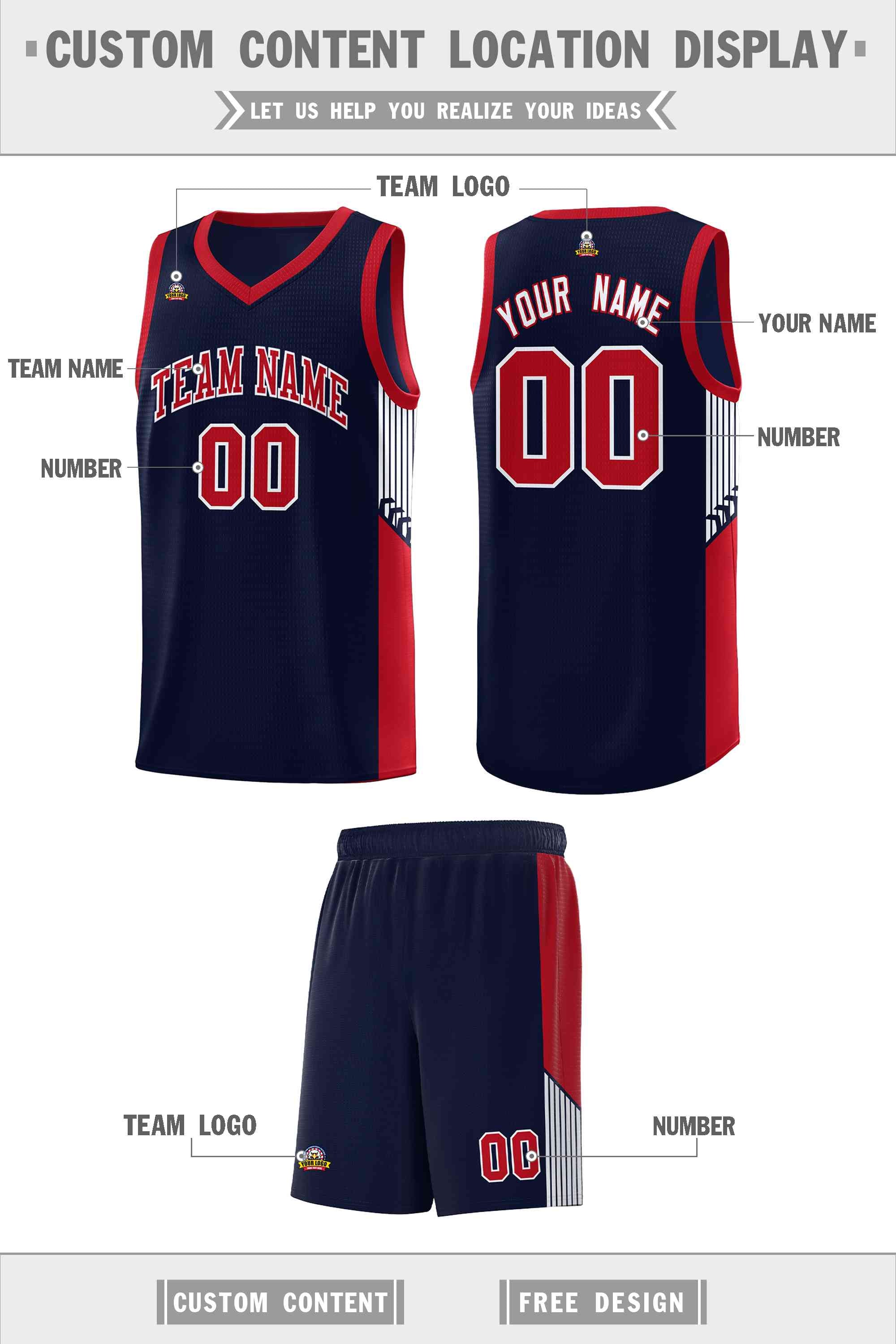 Custom Navy Red-White Side Stripe Fashion Sports Uniform Basketball Jersey