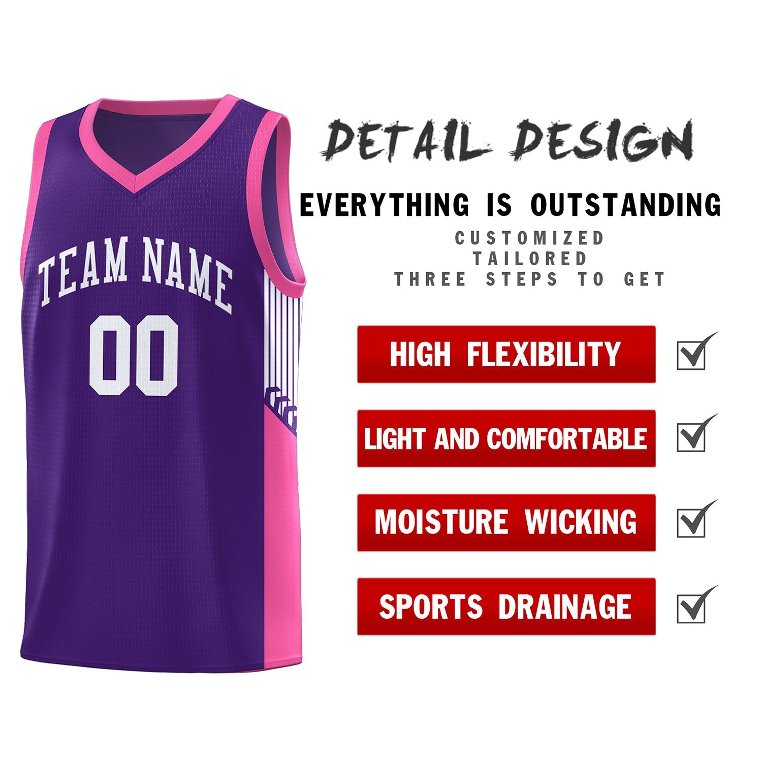 Custom Purple White Side Stripe Fashion Sports Uniform Basketball Jersey