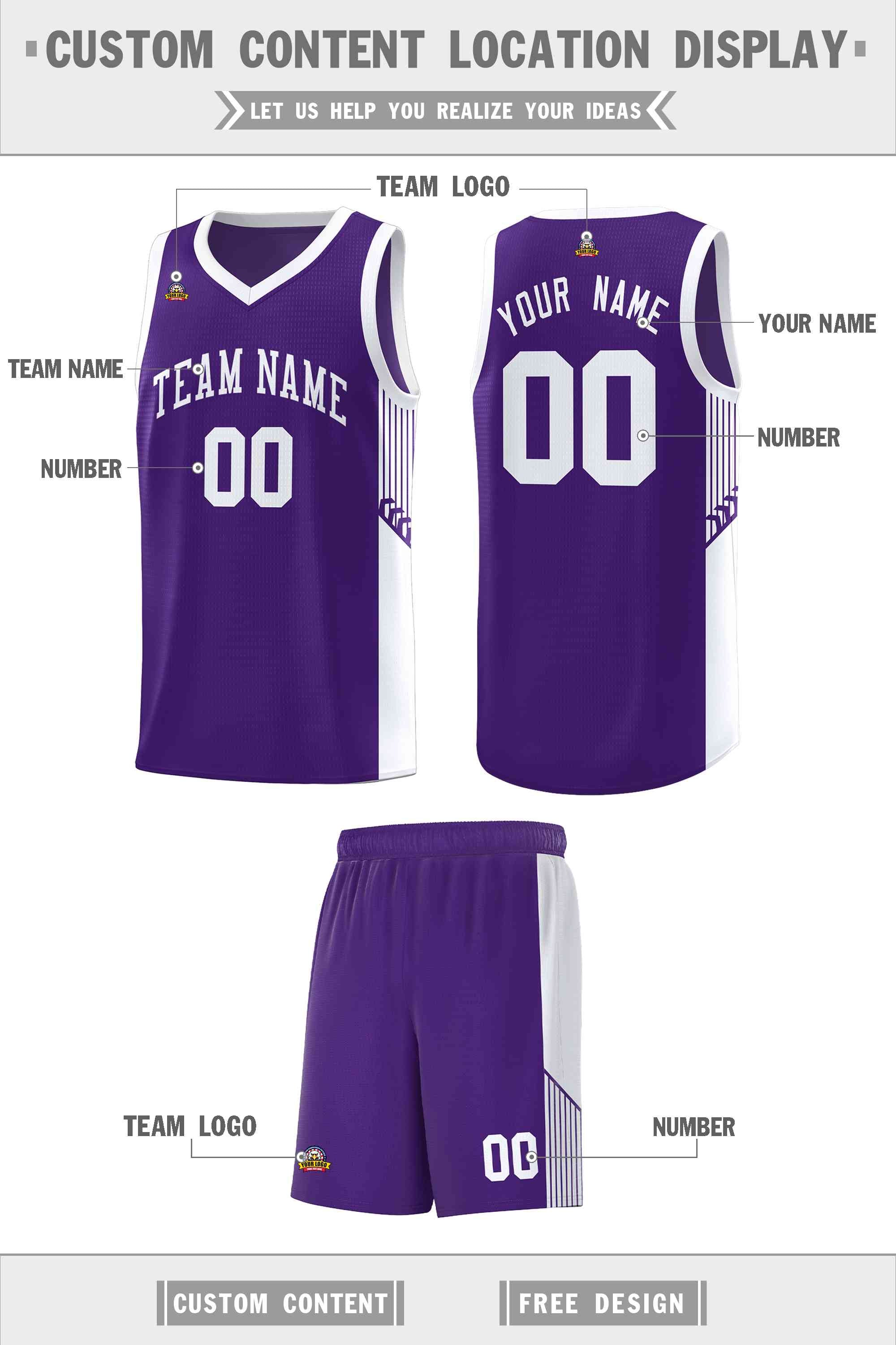 Custom Purple White Side Stripe Fashion Sports Uniform Basketball Jersey