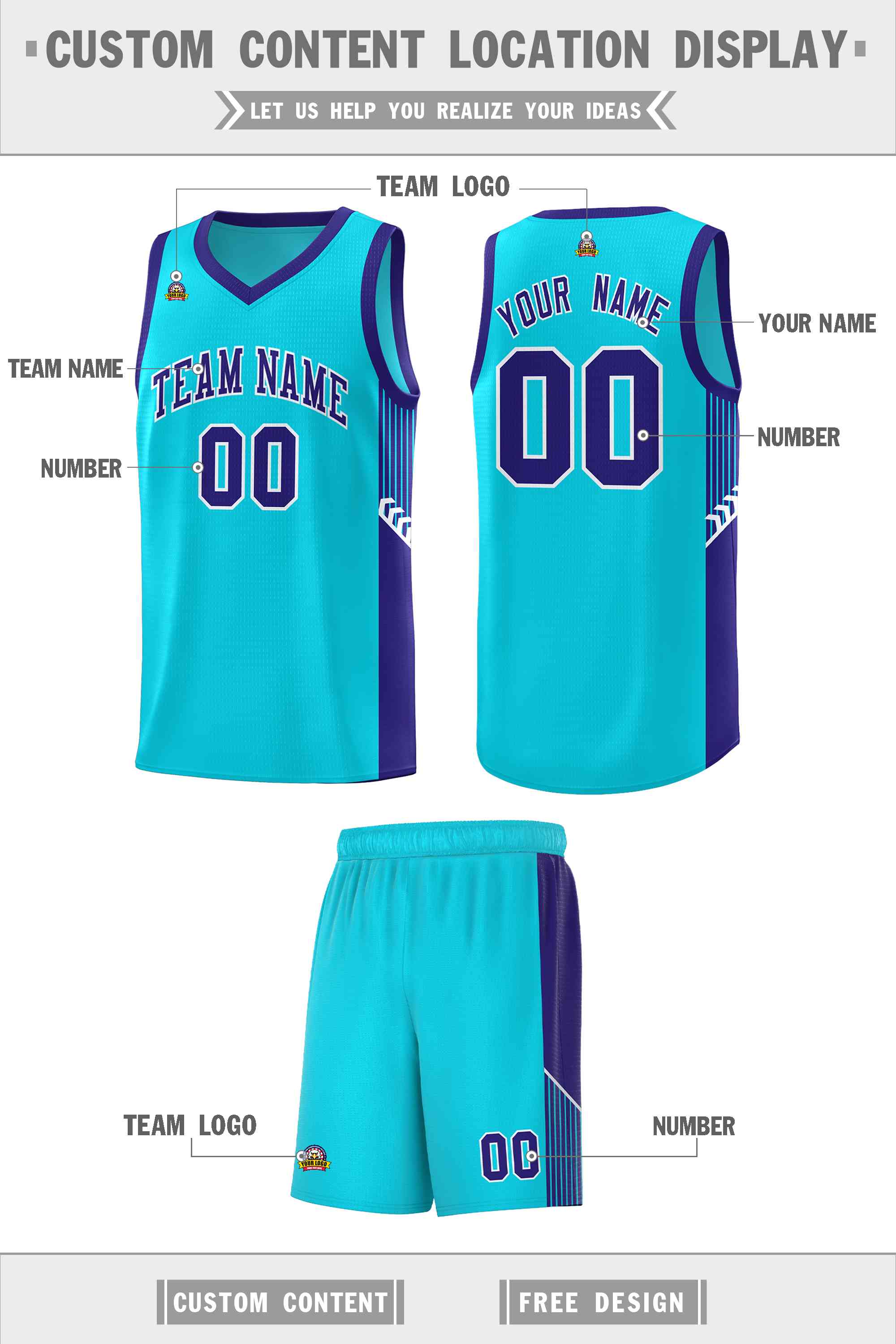 Custom Light Blue Royal-White Side Stripe Fashion Sports Uniform Basketball Jersey