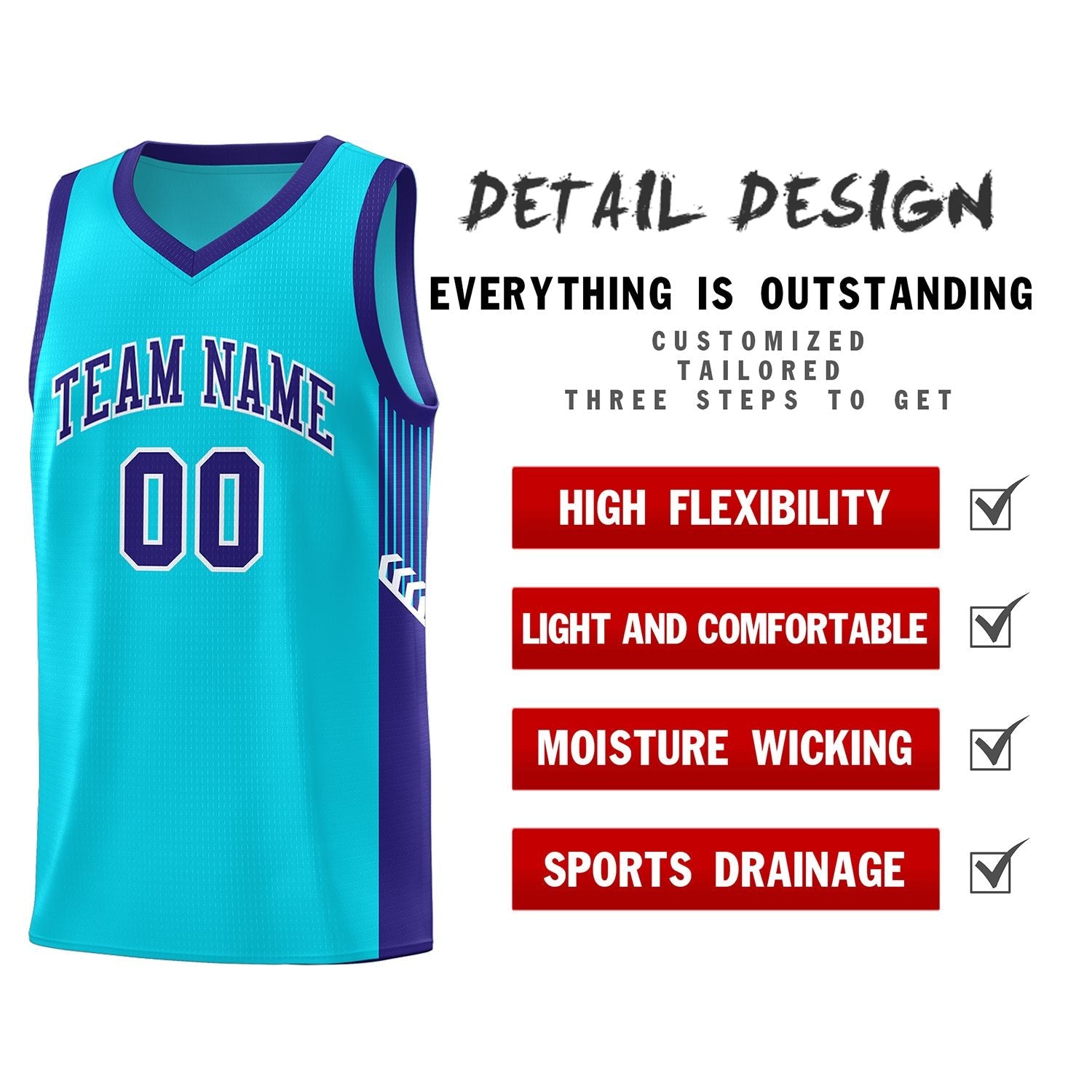 Custom Light Blue Royal-White Side Stripe Fashion Sports Uniform Basketball Jersey