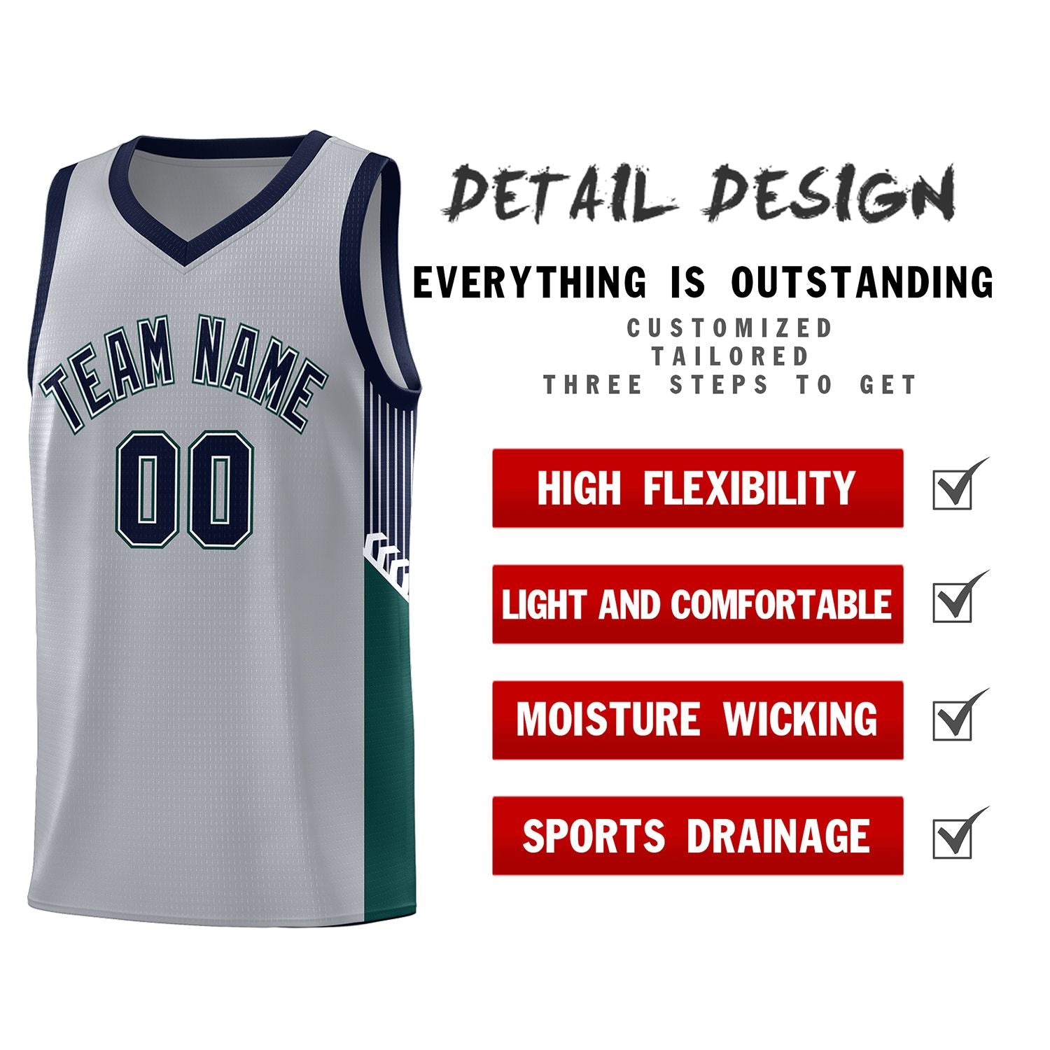 Custom Gray Navy-White Side Stripe Fashion Sports Uniform Basketball Jersey