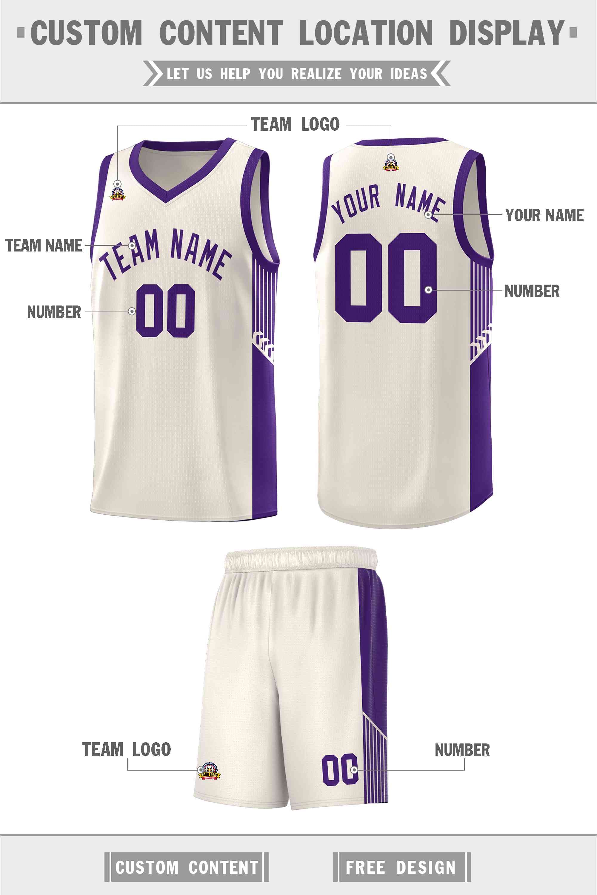 Custom Khaki Purple Side Stripe Fashion Sports Uniform Basketball Jersey