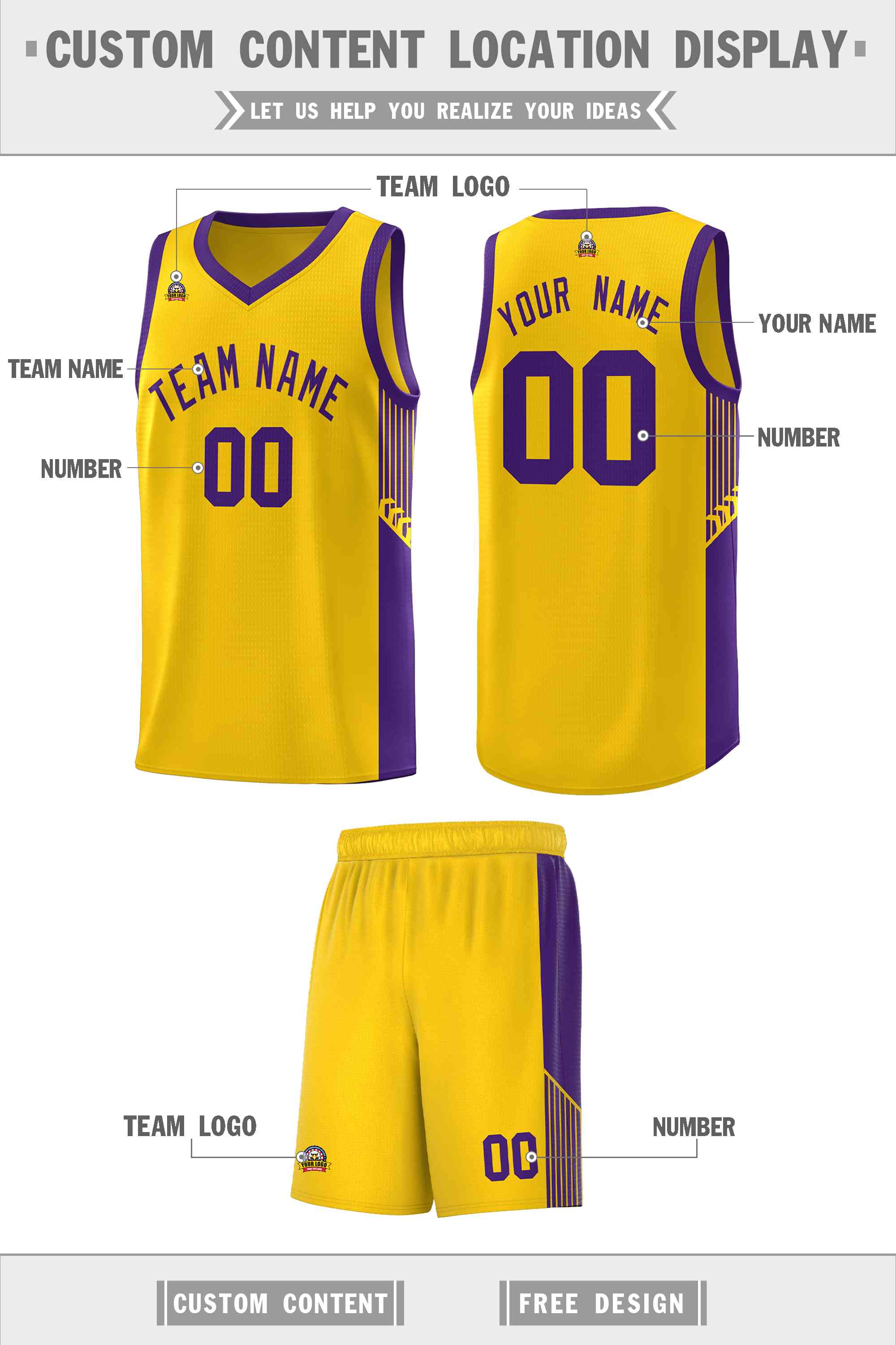 Custom Gold Purple Side Stripe Fashion Sports Uniform Basketball Jersey