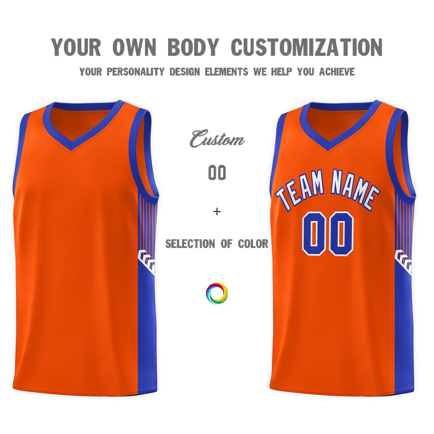 Custom Orange White-Royal Side Stripe Fashion Sports Uniform Basketball Jersey