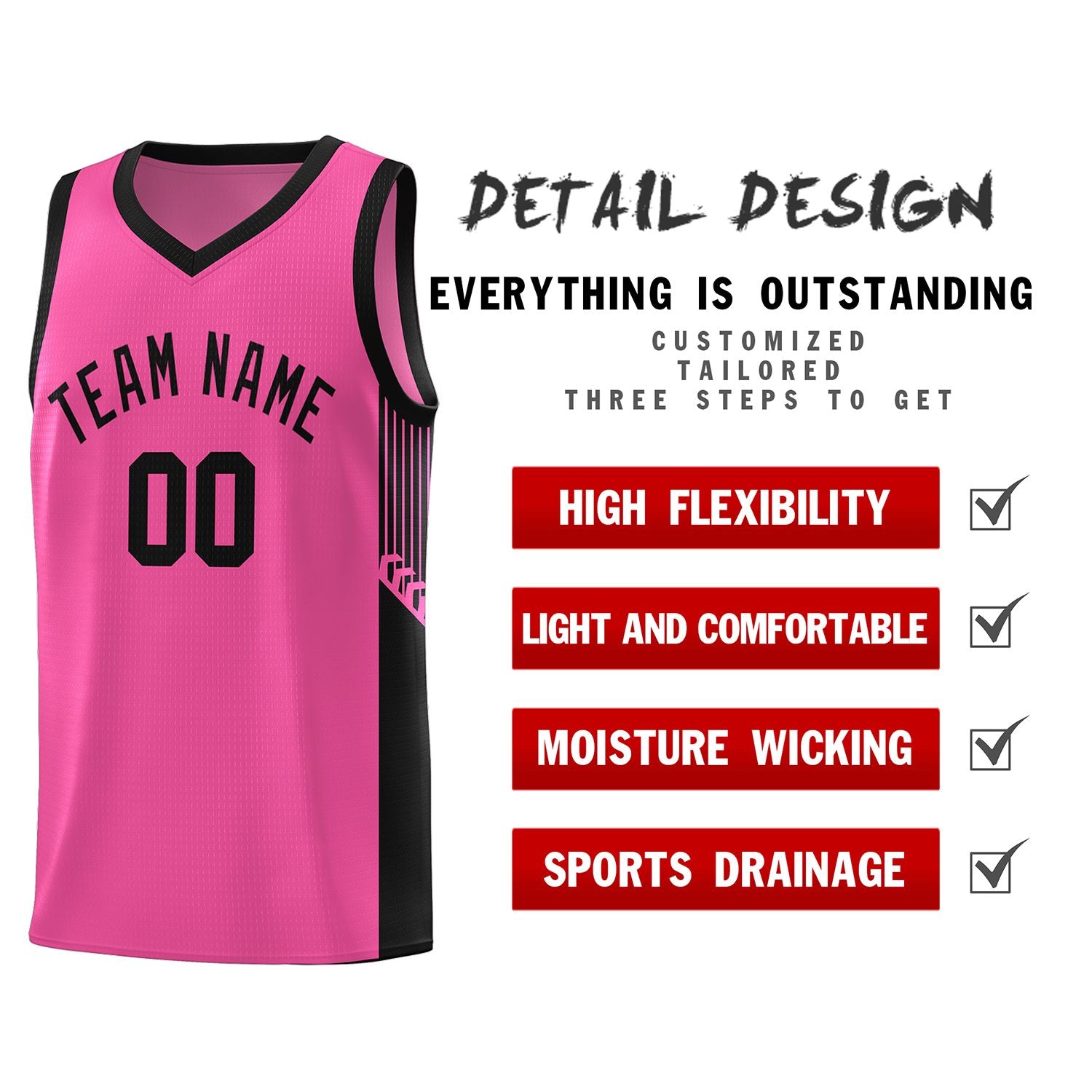 Custom Pink Black Side Stripe Fashion Sports Uniform Basketball Jersey