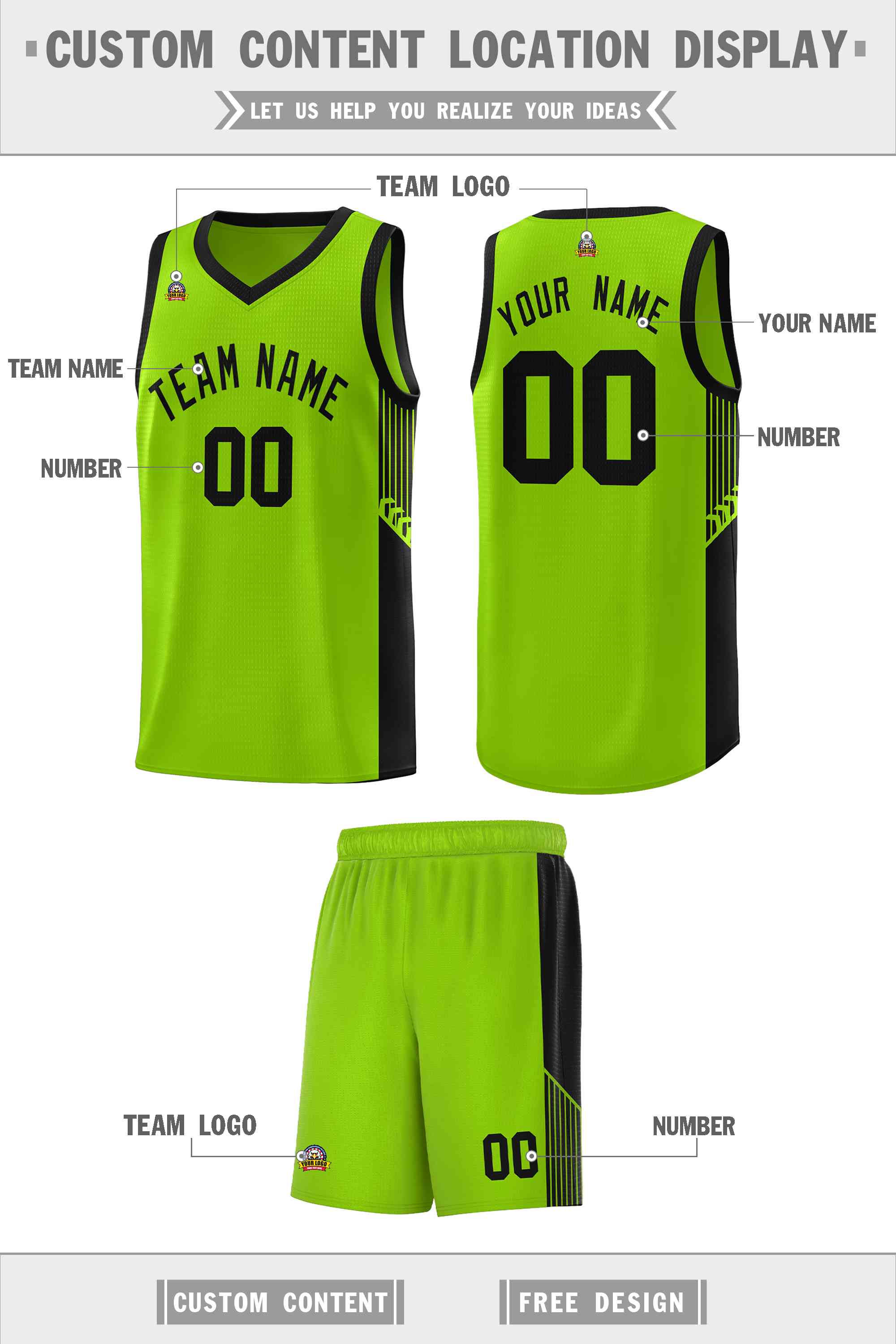 Custom Neon Green Black Side Stripe Fashion Sports Uniform Basketball Jersey