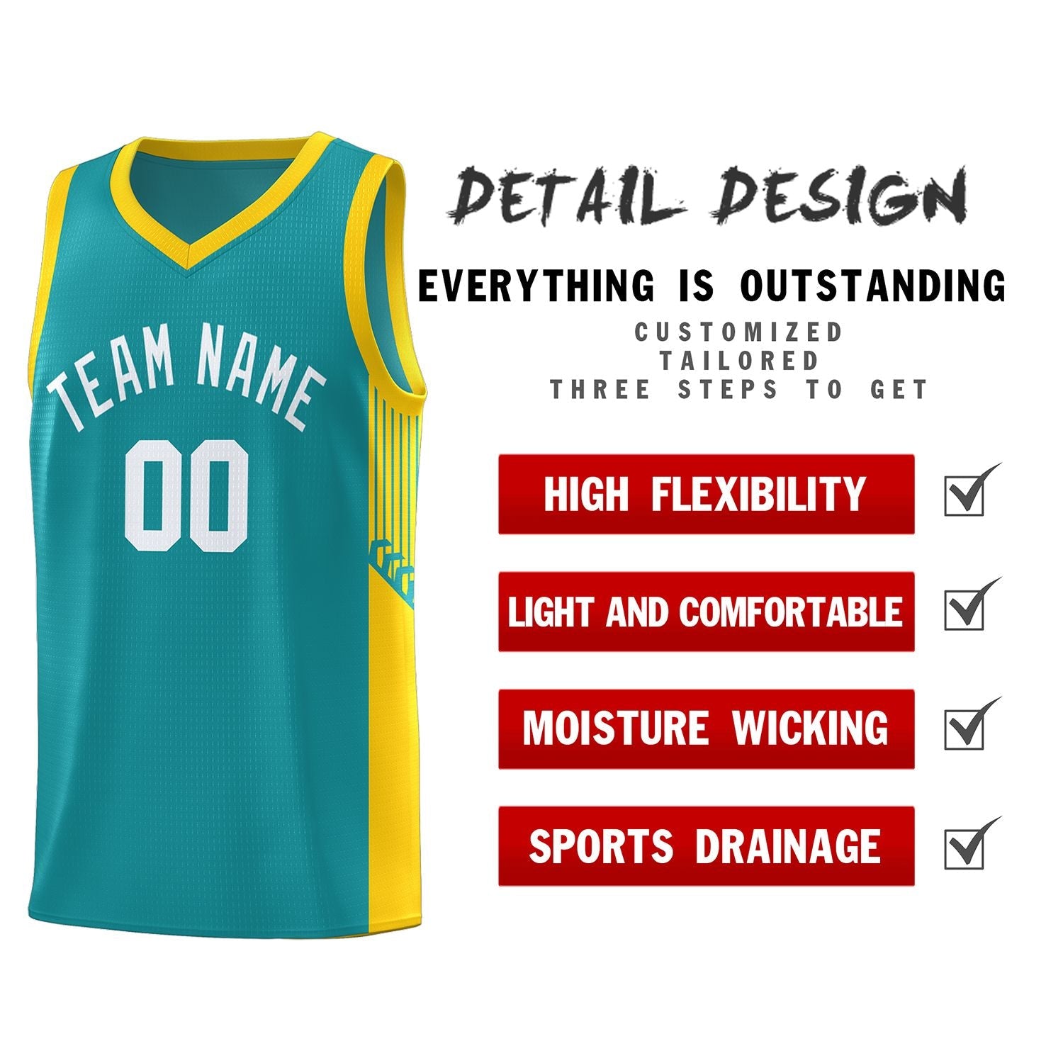 Custom Aqua White Side Stripe Fashion Sports Uniform Basketball Jersey