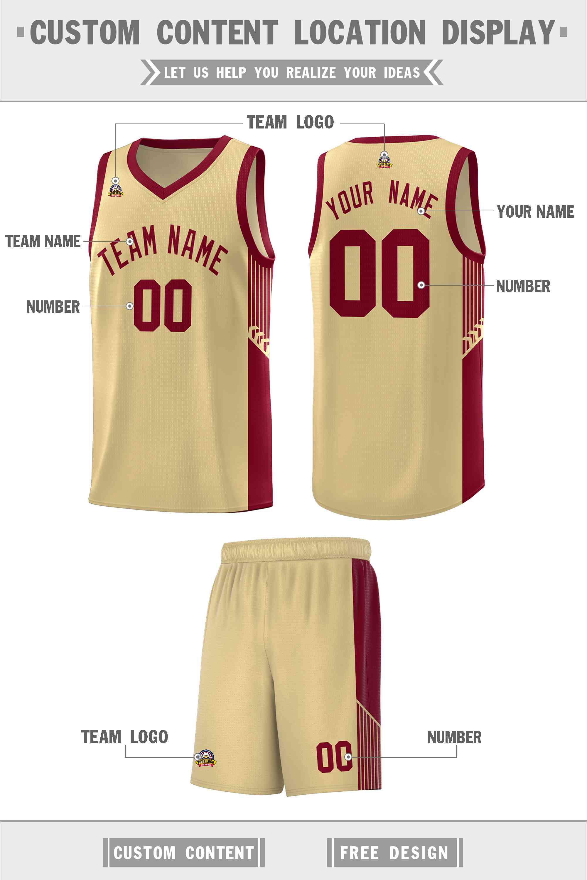 Custom Khaki Crimson Side Stripe Fashion Sports Uniform Basketball Jersey