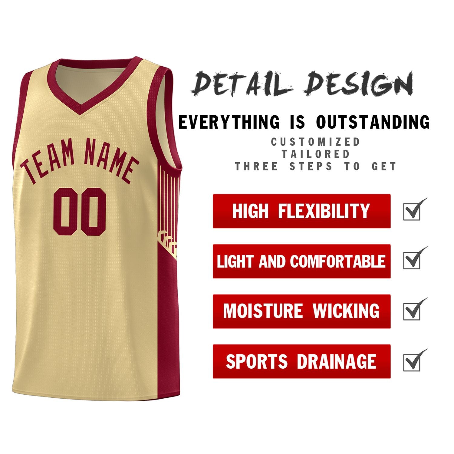 Custom Khaki Crimson Side Stripe Fashion Sports Uniform Basketball Jersey