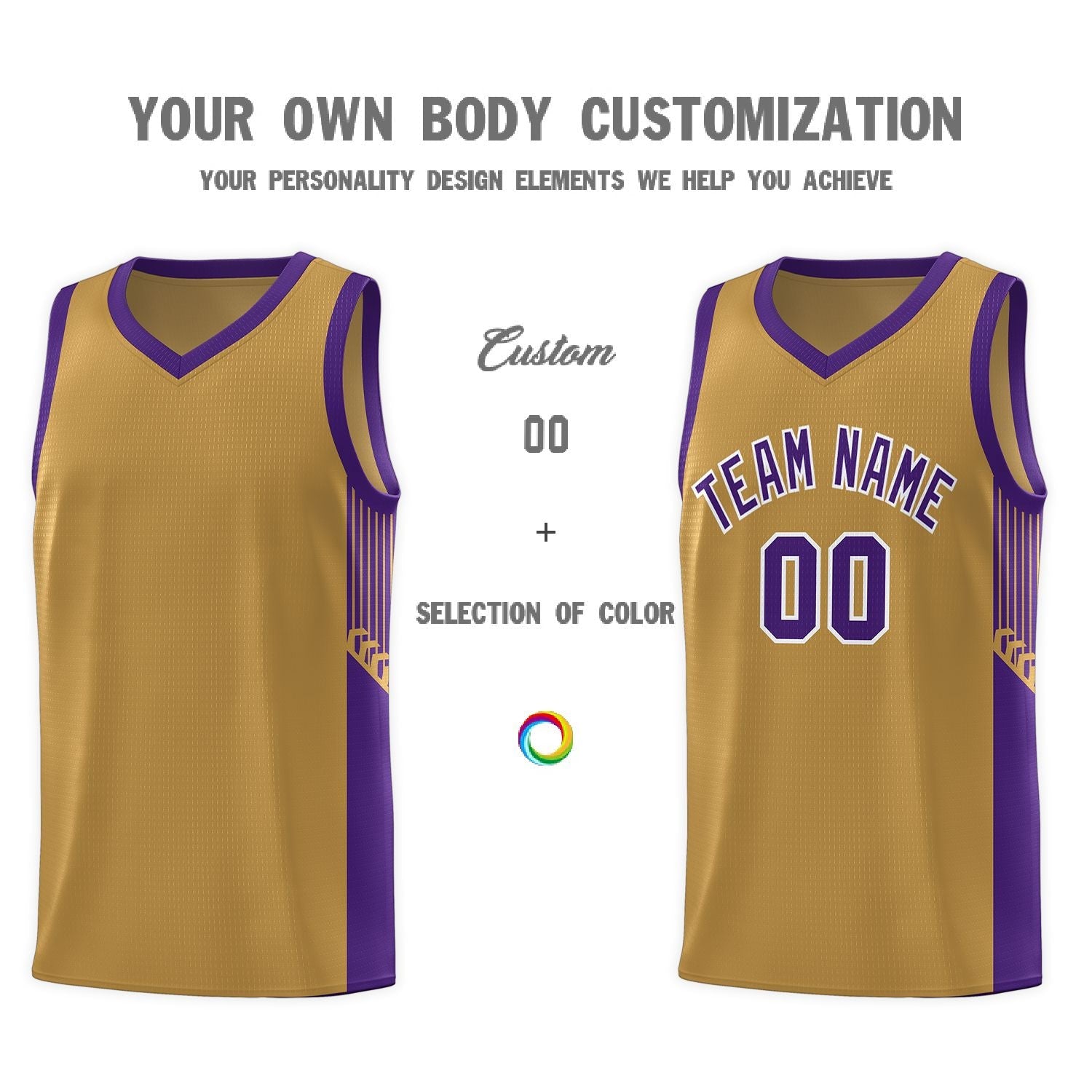 Custom Old Gold Purple-White Side Stripe Fashion Sports Uniform Basketball Jersey