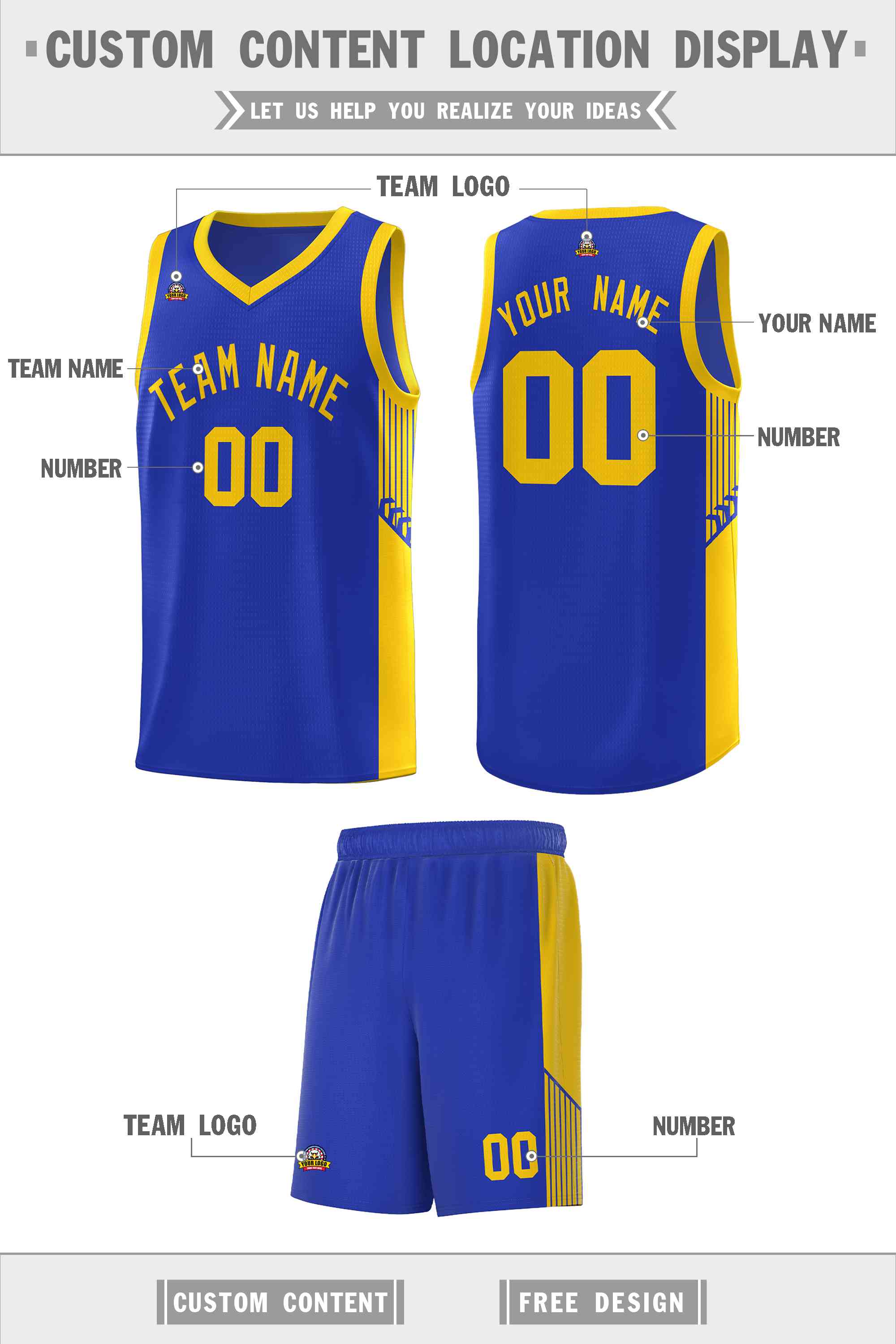 Custom Royal Gold Side Stripe Fashion Sports Uniform Basketball Jersey