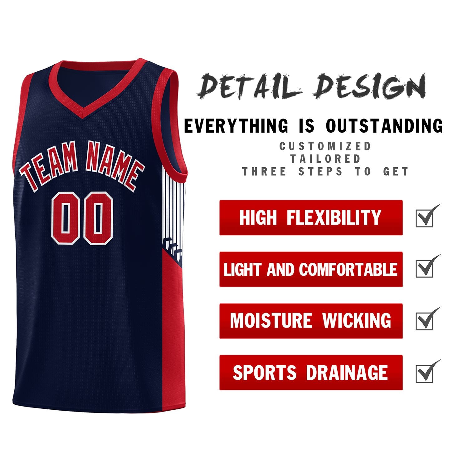 Custom Navy Red-White Side Stripe Fashion Sports Uniform Basketball Jersey