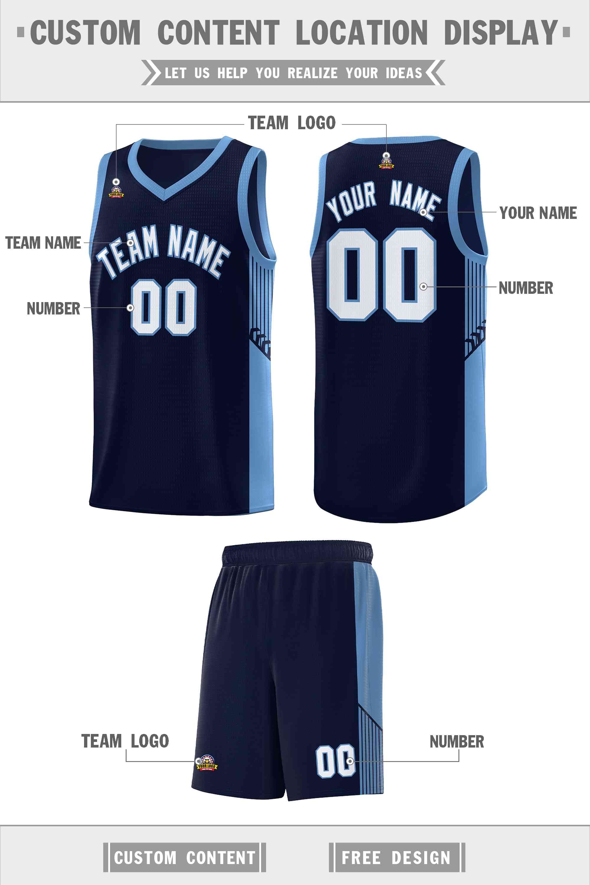 Custom Navy White-Light Blue Side Stripe Fashion Sports Uniform Basketball Jersey