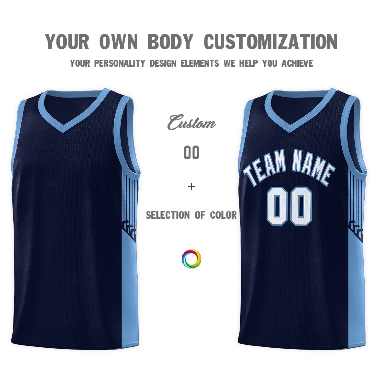 Custom Navy White-Light Blue Side Stripe Fashion Sports Uniform Basketball Jersey