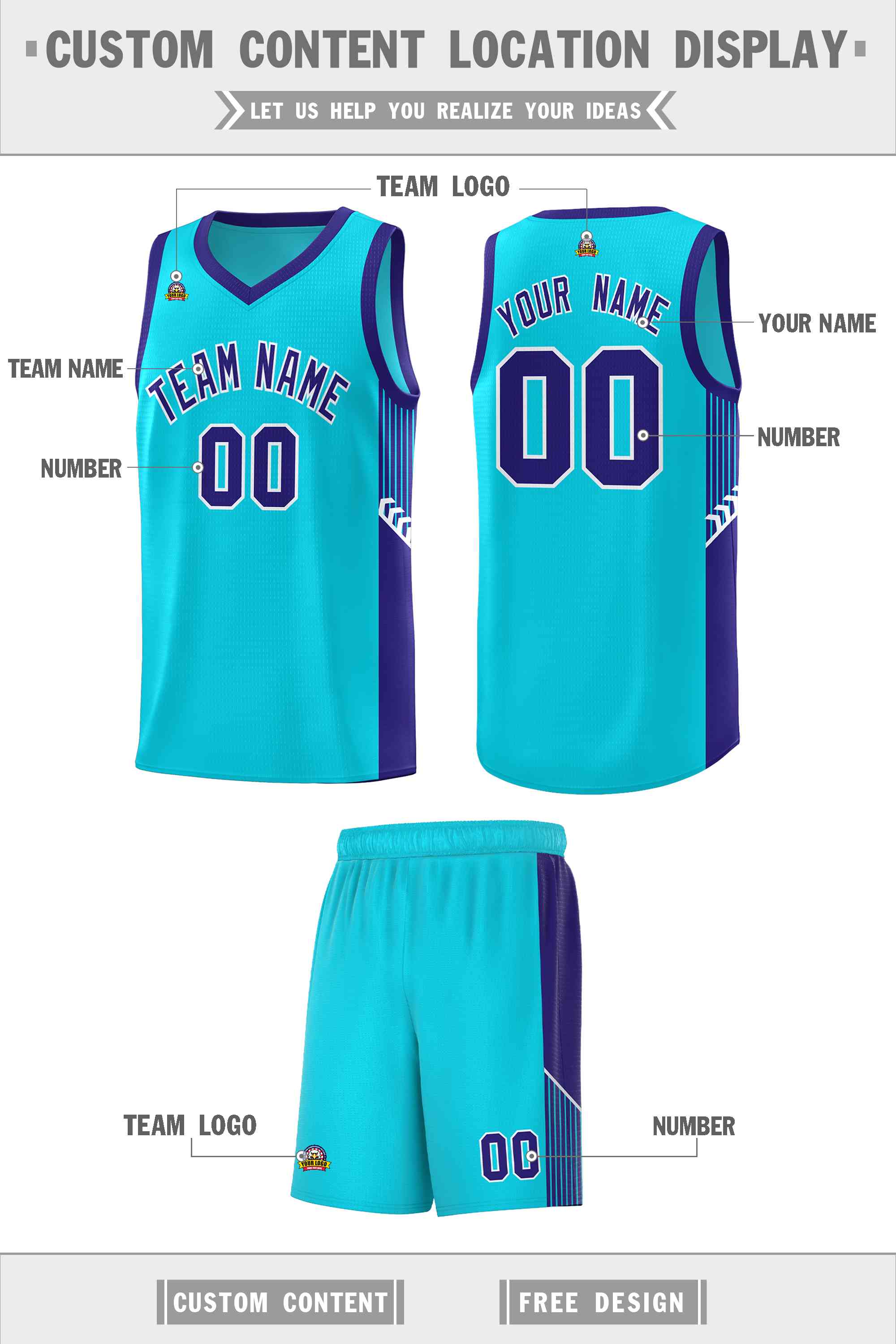 Custom Light Blue Royal-White Side Stripe Fashion Sports Uniform Basketball Jersey