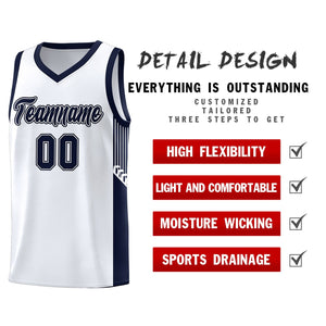 Custom White Navy Side Stripe Fashion Sports Uniform Basketball Jersey