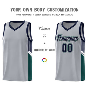 Custom Gray Navy-White Side Stripe Fashion Sports Uniform Basketball Jersey