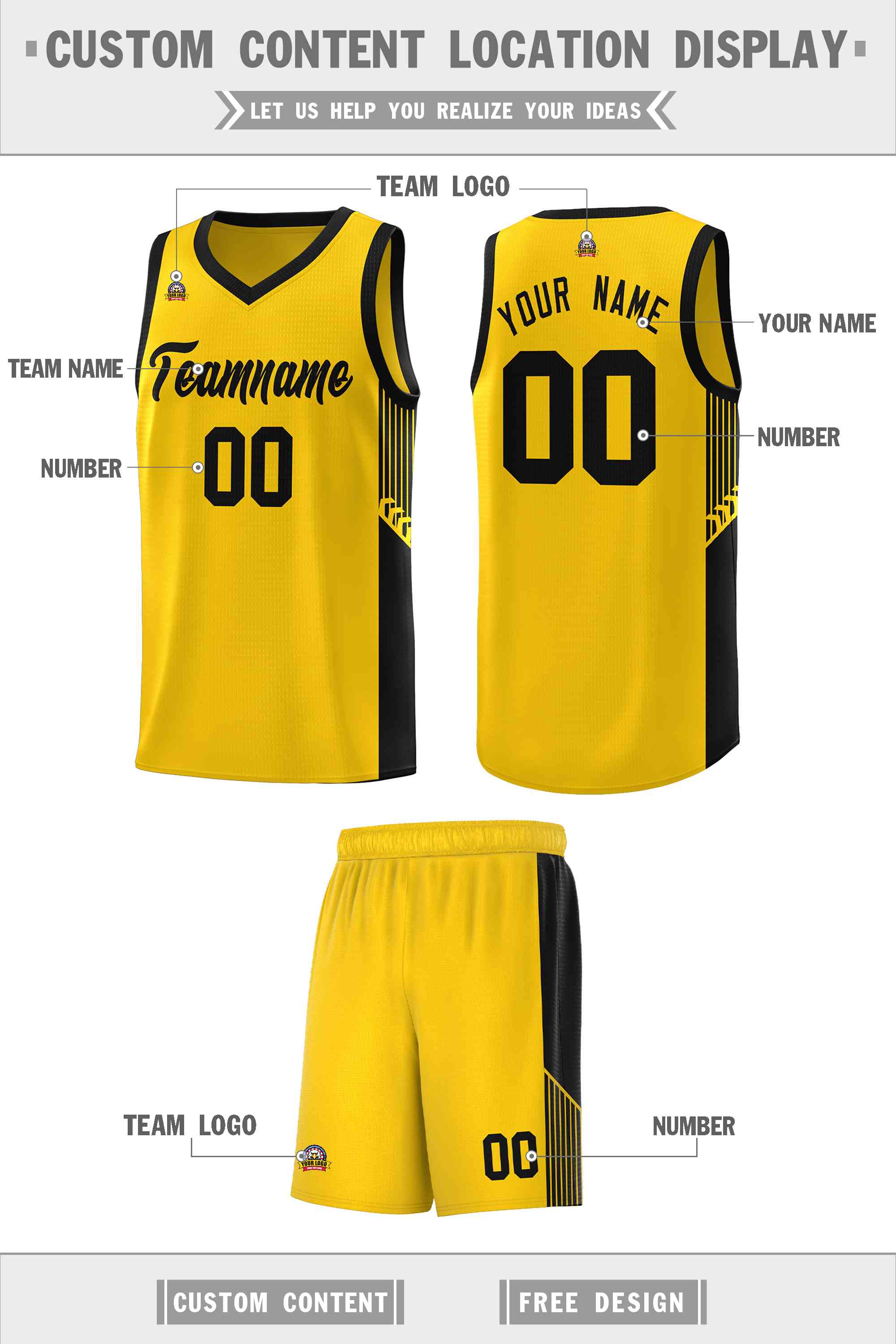 Custom Gold Black Side Stripe Fashion Sports Uniform Basketball Jersey