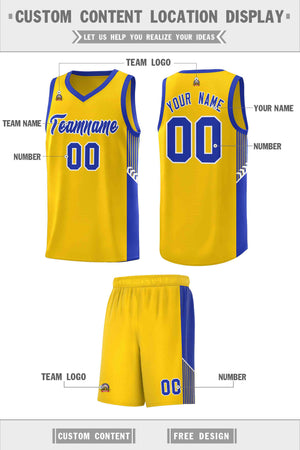 Custom Gold Royal-White Side Stripe Fashion Sports Uniform Basketball Jersey