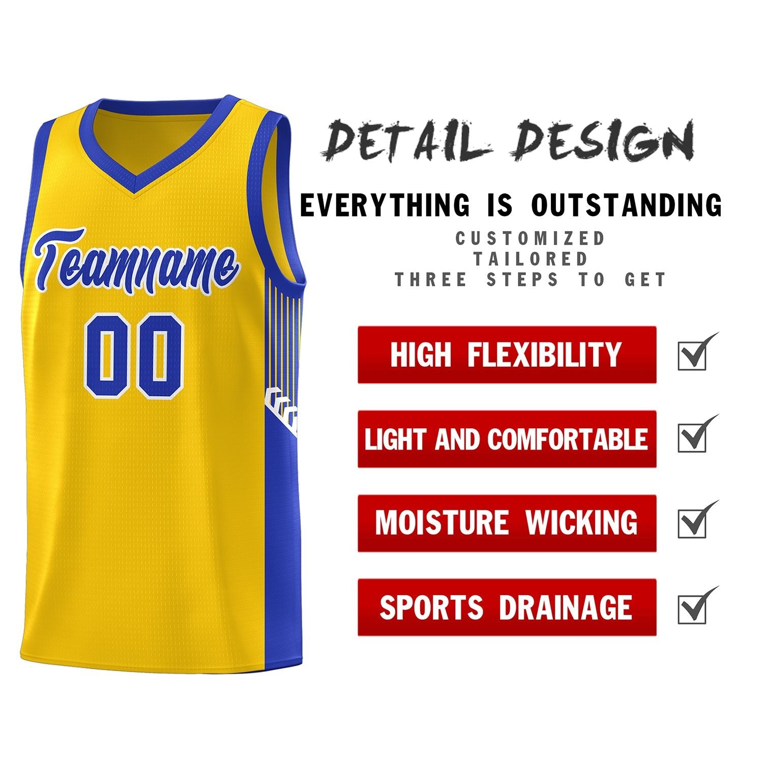 Custom Gold Royal-White Side Stripe Fashion Sports Uniform Basketball Jersey