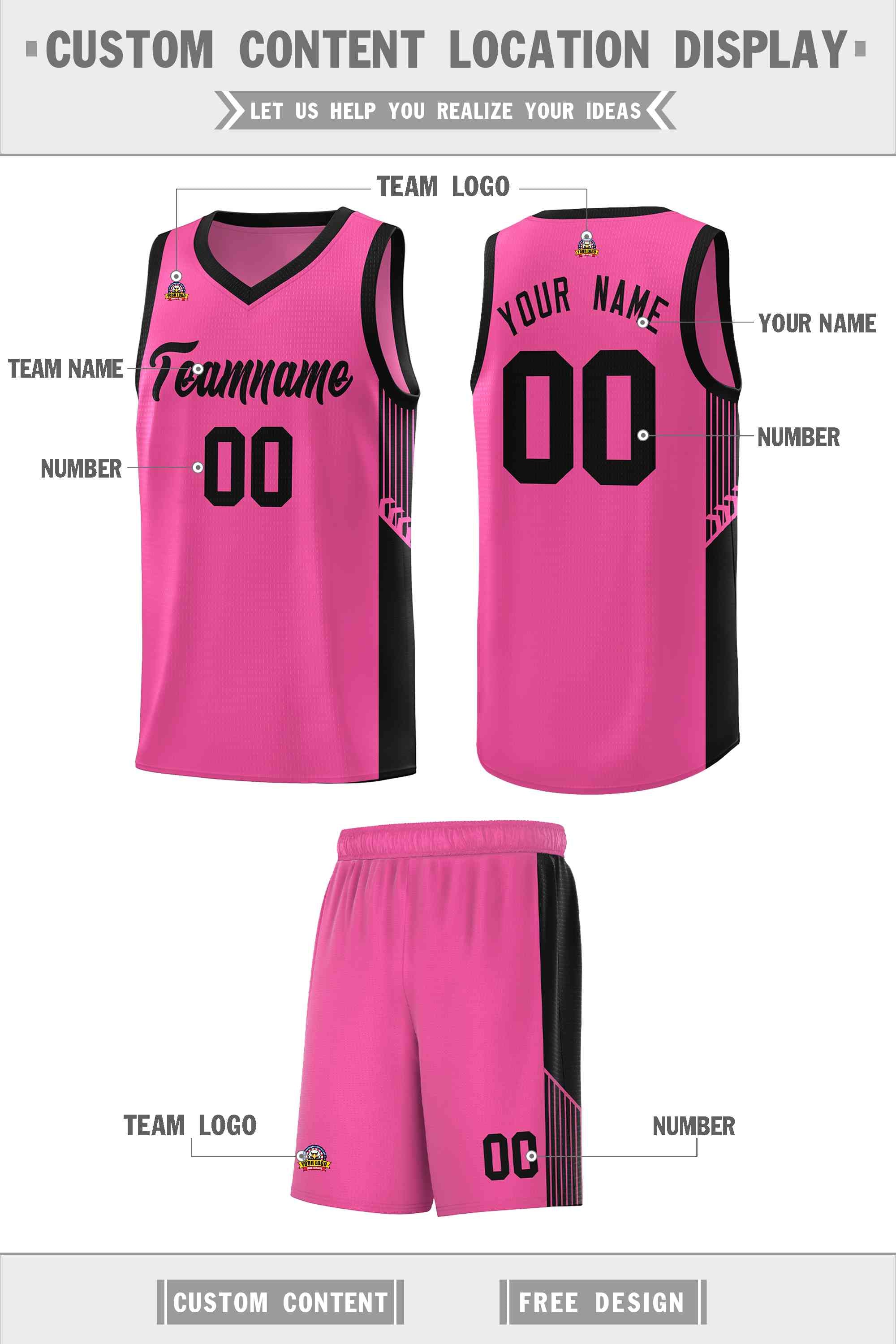 Custom Pink Black Side Stripe Fashion Sports Uniform Basketball Jersey