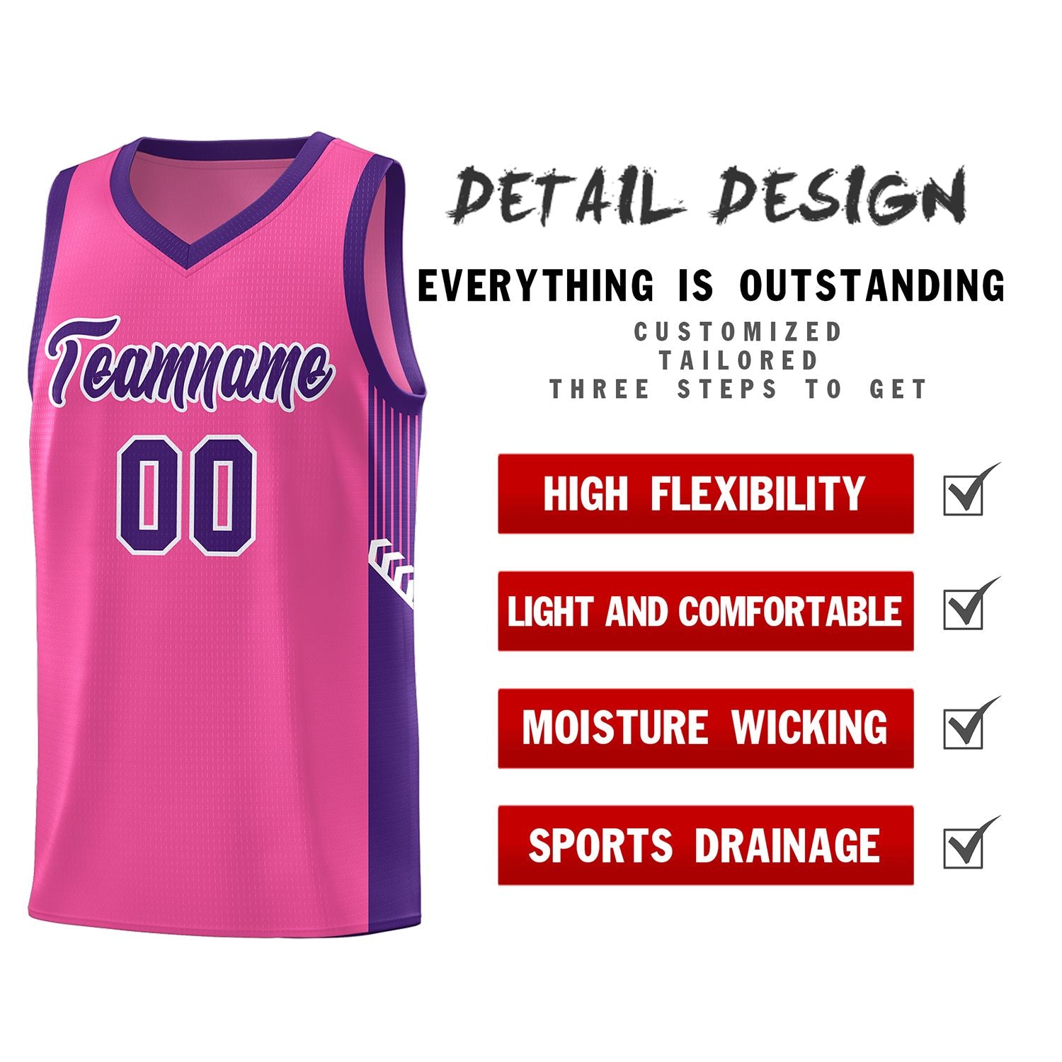 Custom Pink Purple-White Side Stripe Fashion Sports Uniform Basketball Jersey