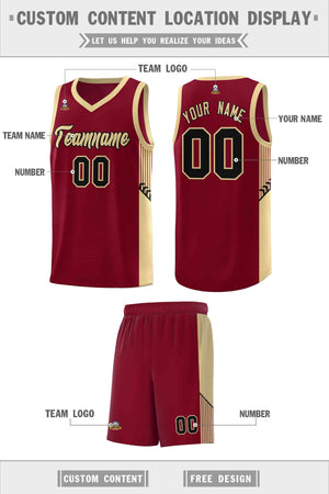 Custom Crimson Khaki-Black Side Stripe Fashion Sports Uniform Basketball Jersey