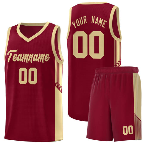 Custom Crimson Khaki Side Stripe Fashion Sports Uniform Basketball Jersey