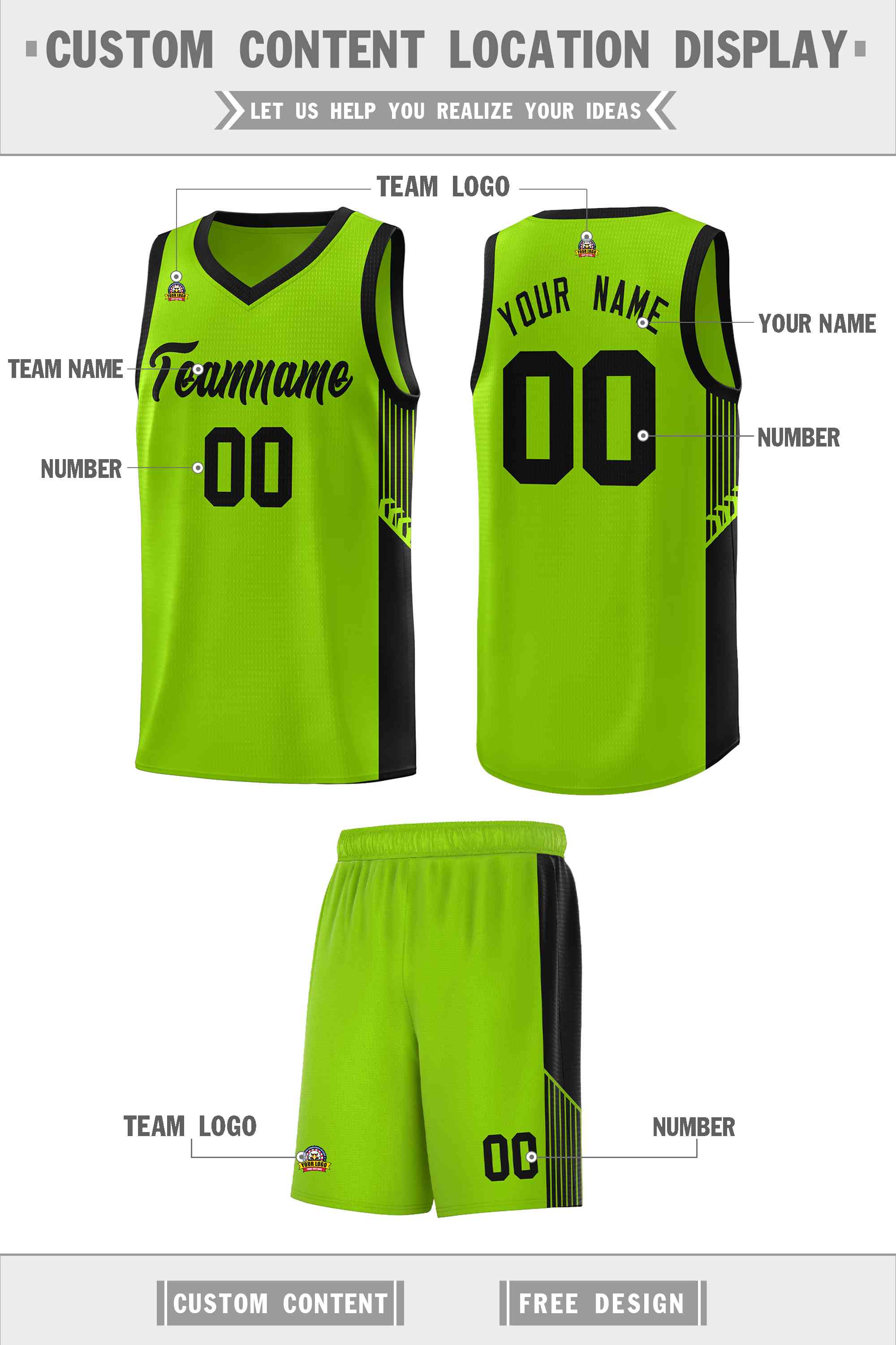 Custom Neon Green Black Side Stripe Fashion Sports Uniform Basketball Jersey