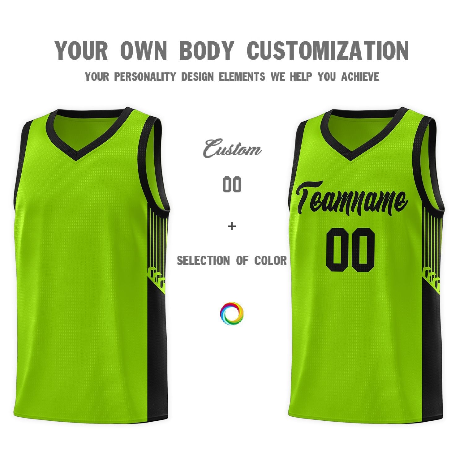 Custom Neon Green Black Side Stripe Fashion Sports Uniform Basketball Jersey