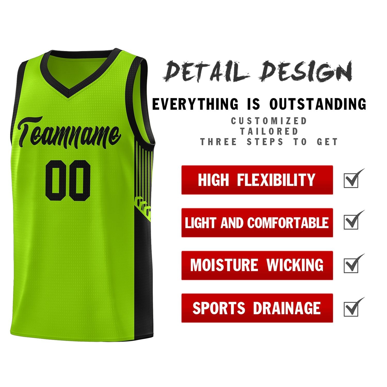 Custom Neon Green Black Side Stripe Fashion Sports Uniform Basketball Jersey