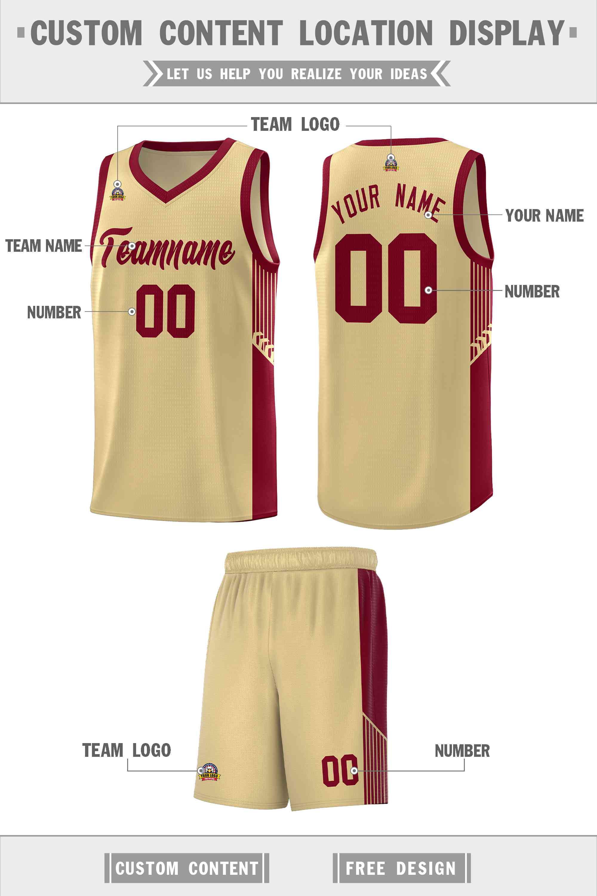 Custom Khaki Crimson Side Stripe Fashion Sports Uniform Basketball Jersey