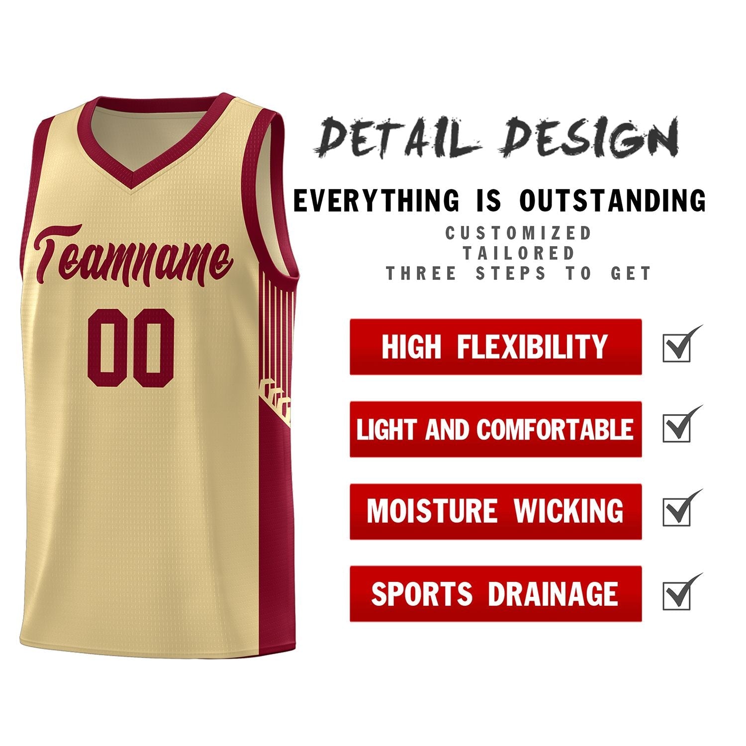 Custom Khaki Crimson Side Stripe Fashion Sports Uniform Basketball Jersey