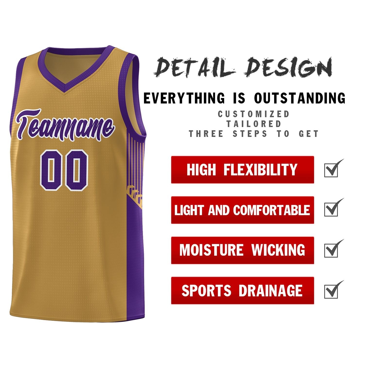 Custom Old Gold Purple-White Side Stripe Fashion Sports Uniform Basketball Jersey