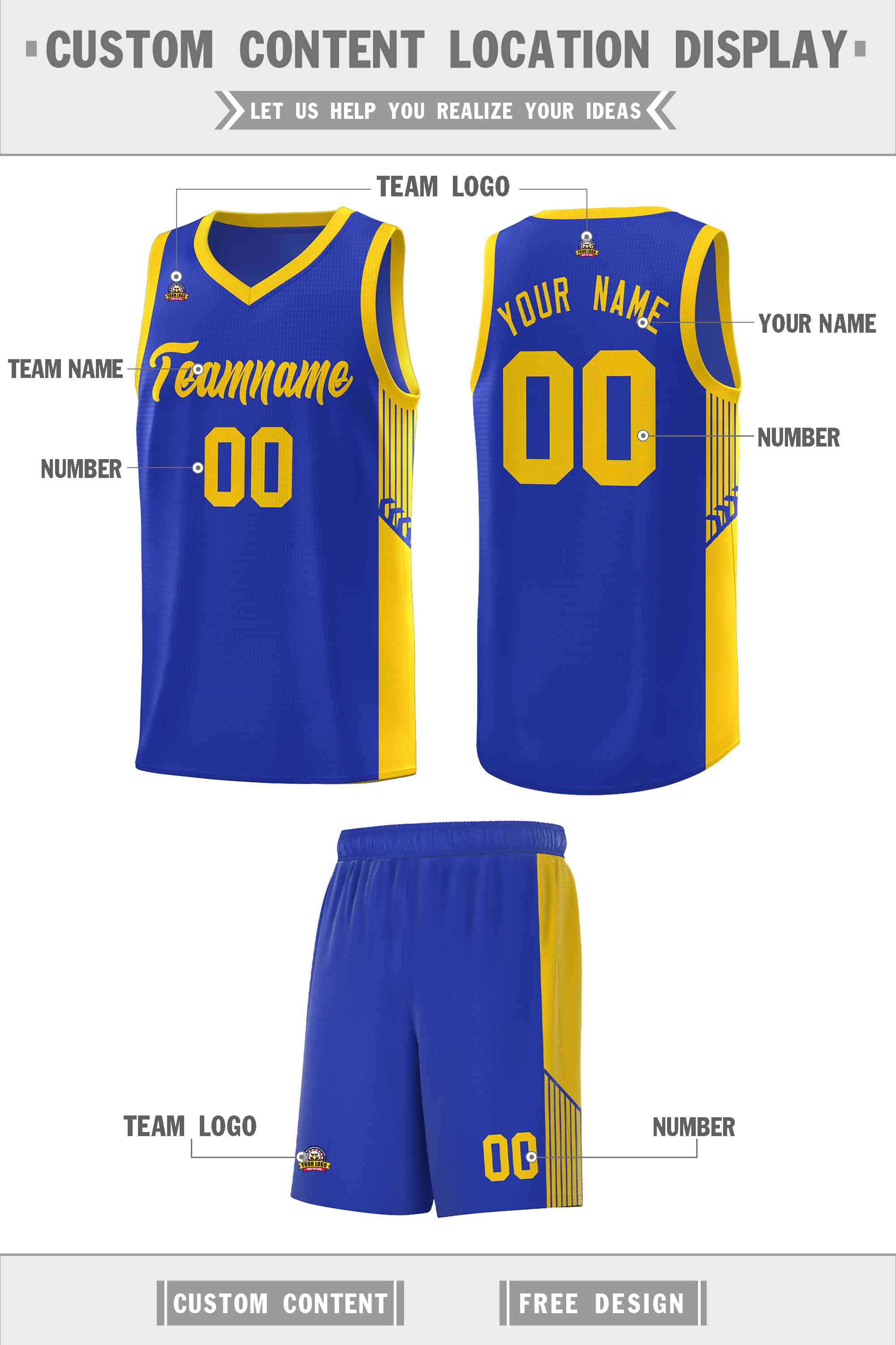 Custom Royal Gold Side Stripe Fashion Sports Uniform Basketball Jersey