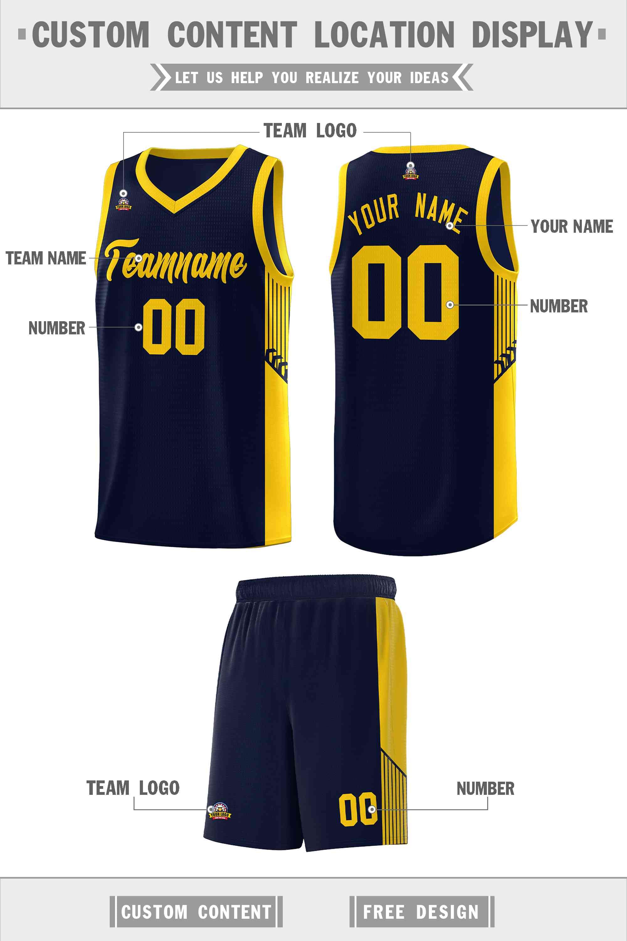 Custom Navy Gold Side Stripe Fashion Sports Uniform Basketball Jersey