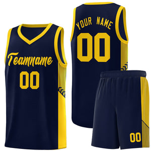 Custom Navy Gold Side Stripe Fashion Sports Uniform Basketball Jersey