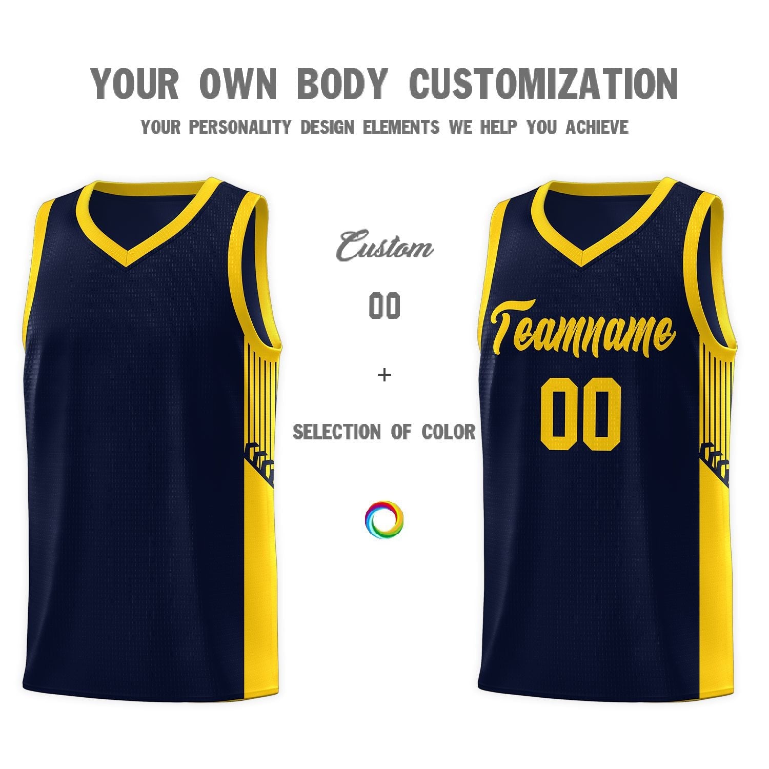 Custom Navy Gold Side Stripe Fashion Sports Uniform Basketball Jersey