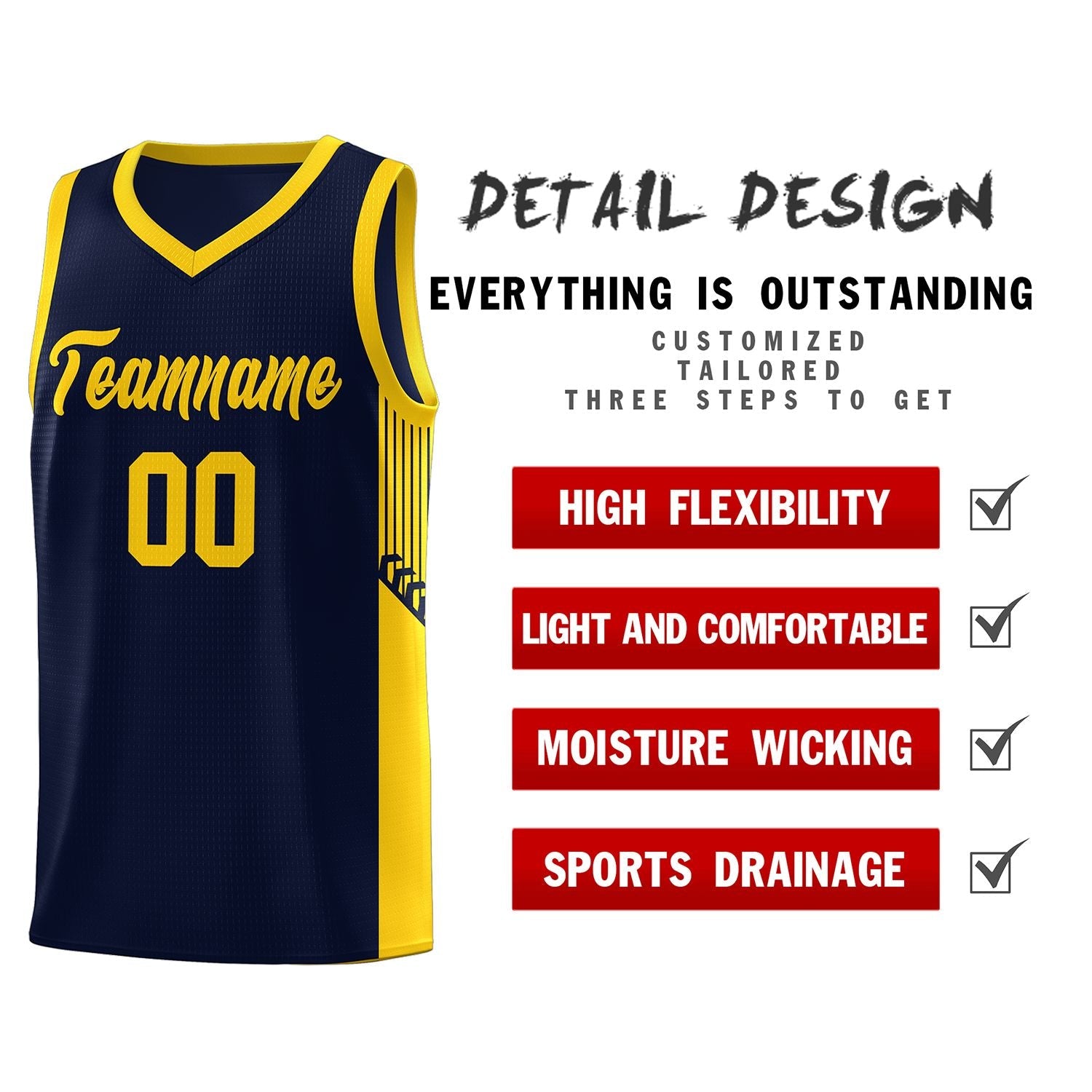 Custom Navy Gold Side Stripe Fashion Sports Uniform Basketball Jersey