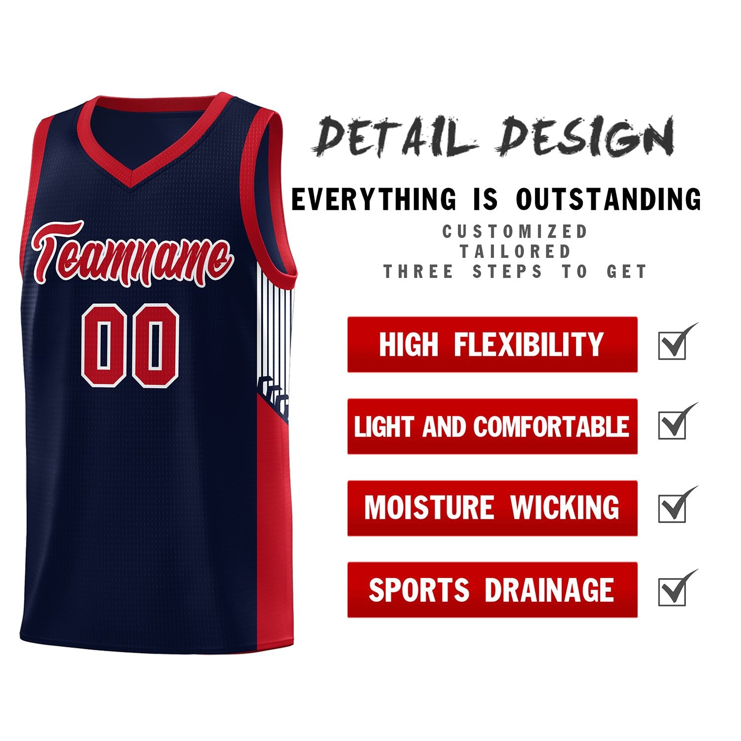 Custom Navy Red-White Side Stripe Fashion Sports Uniform Basketball Jersey