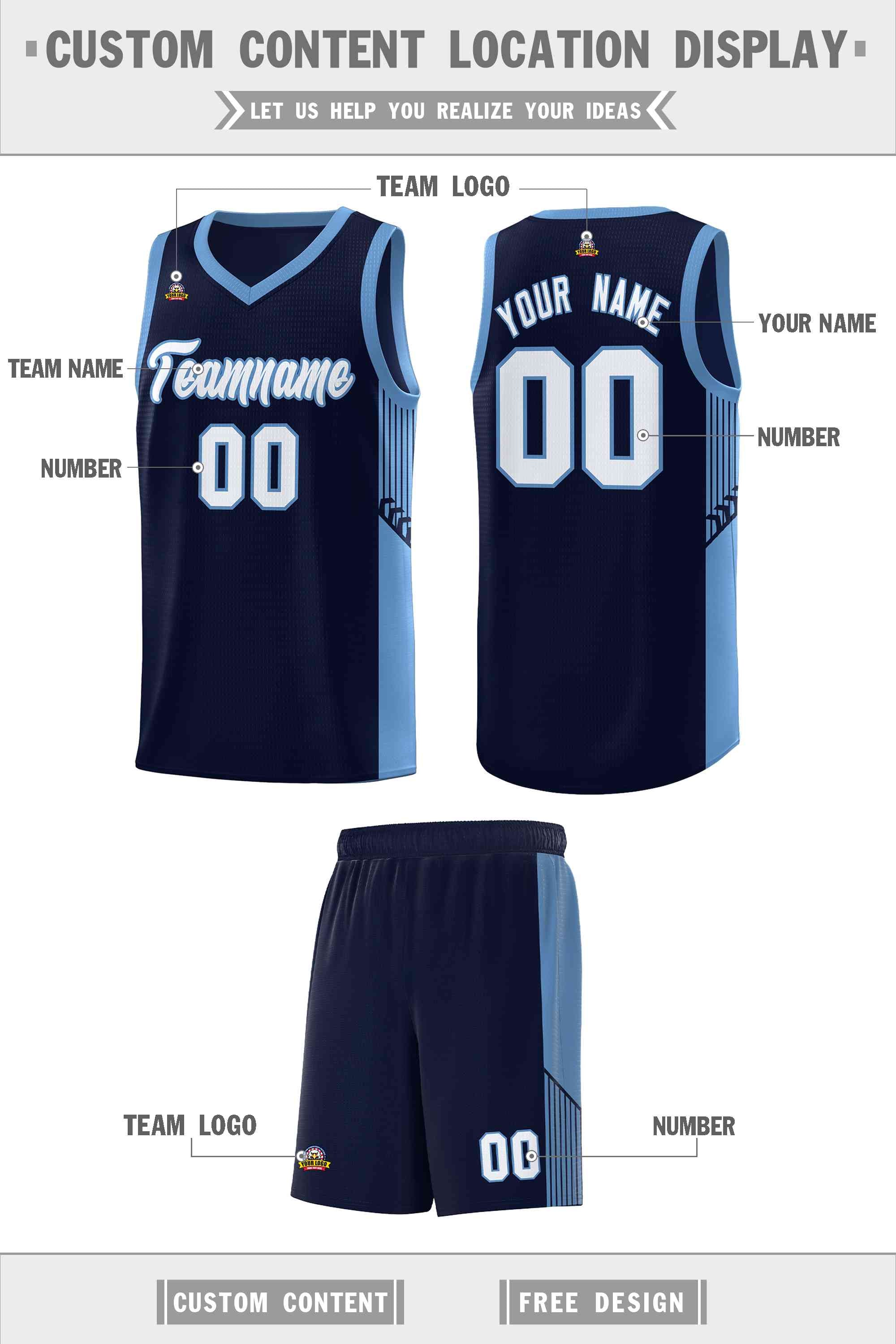 Custom Navy White-Light Blue Side Stripe Fashion Sports Uniform Basketball Jersey