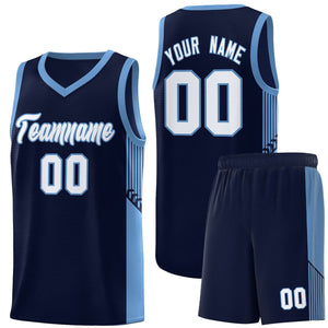 Custom Navy White-Light Blue Side Stripe Fashion Sports Uniform Basketball Jersey