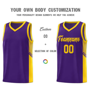 Custom Purple Gold Side Stripe Fashion Sports Uniform Basketball Jersey