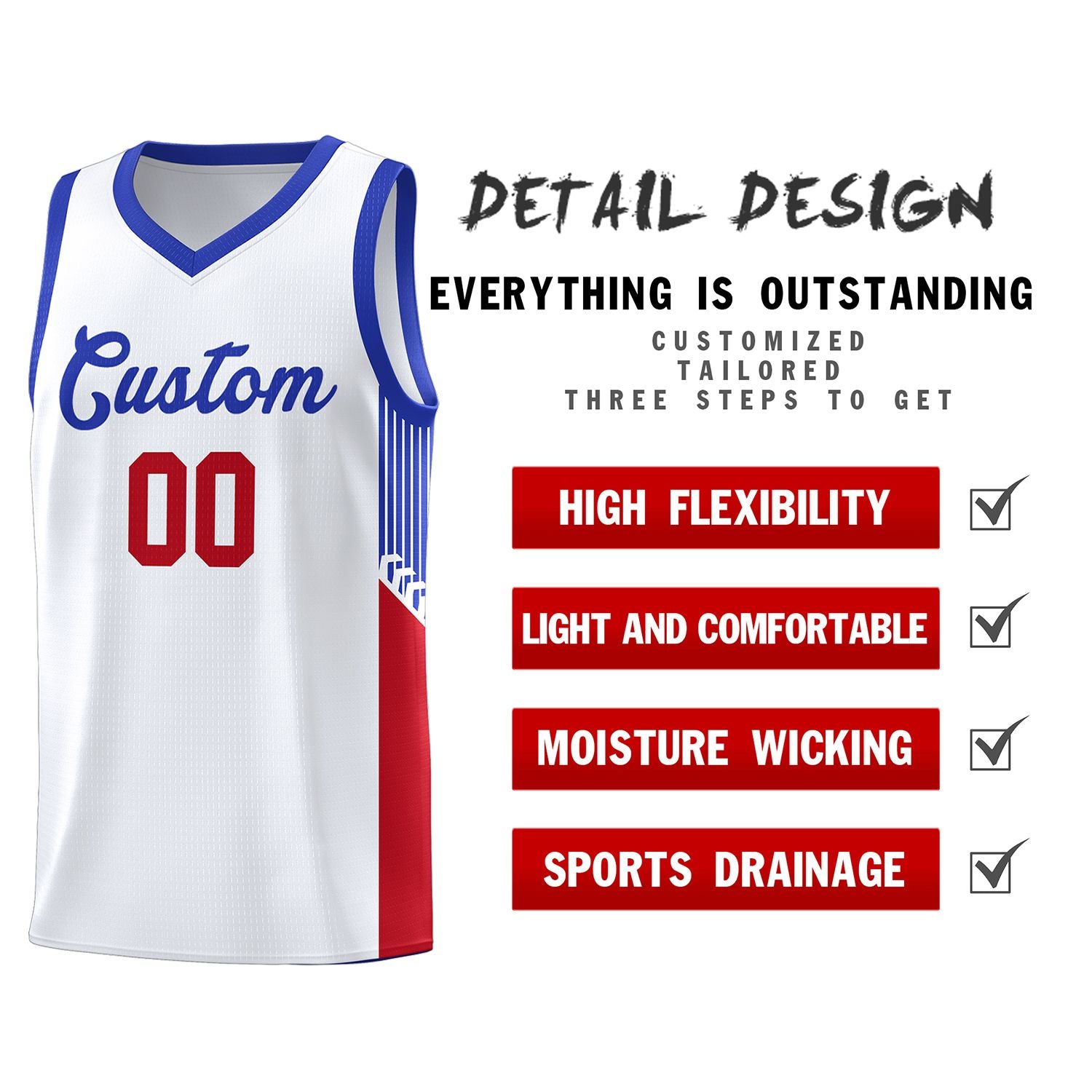 Custom White Royal Side Stripe Fashion Sports Uniform Basketball Jersey