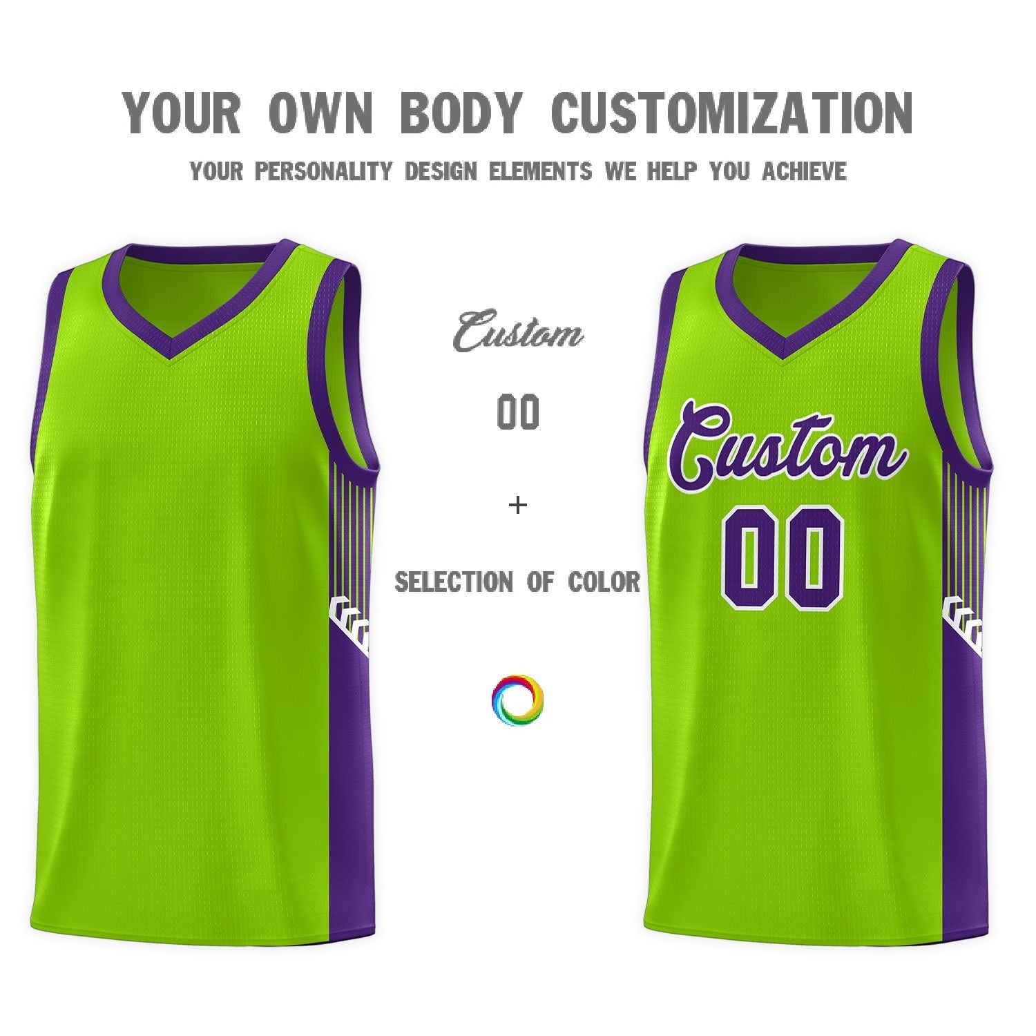 Custom Neon Green Purple-White Side Stripe Fashion Sports Uniform Basketball Jersey