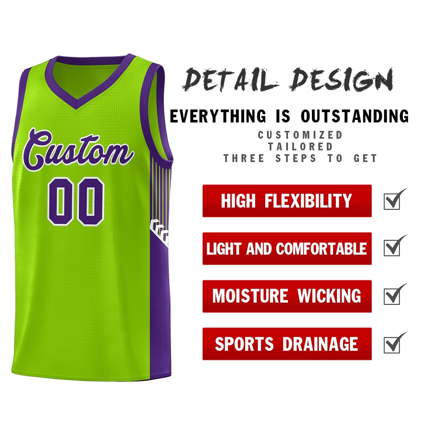 Custom Neon Green Purple-White Side Stripe Fashion Sports Uniform Basketball Jersey