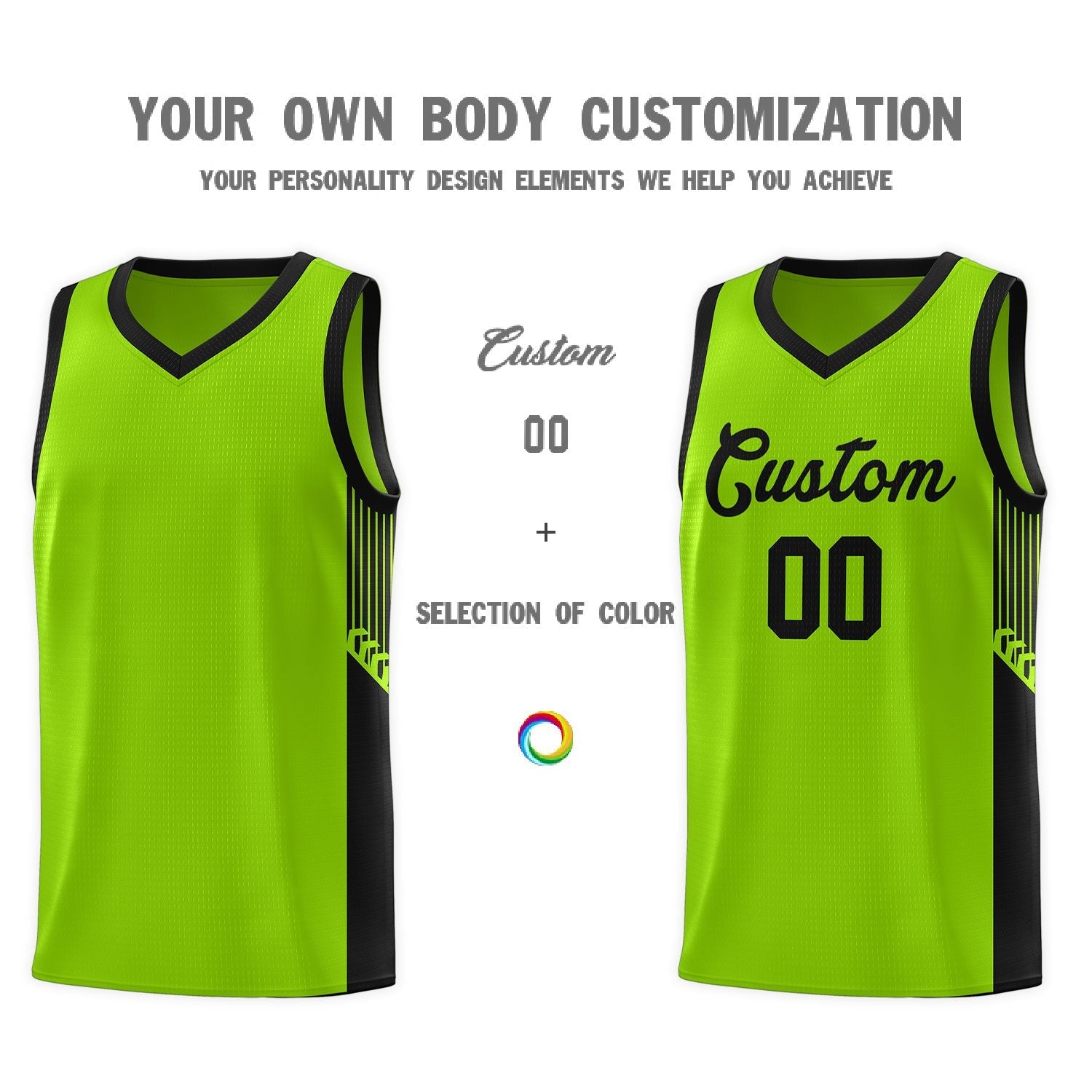 Custom Neon Green Black Side Stripe Fashion Sports Uniform Basketball Jersey