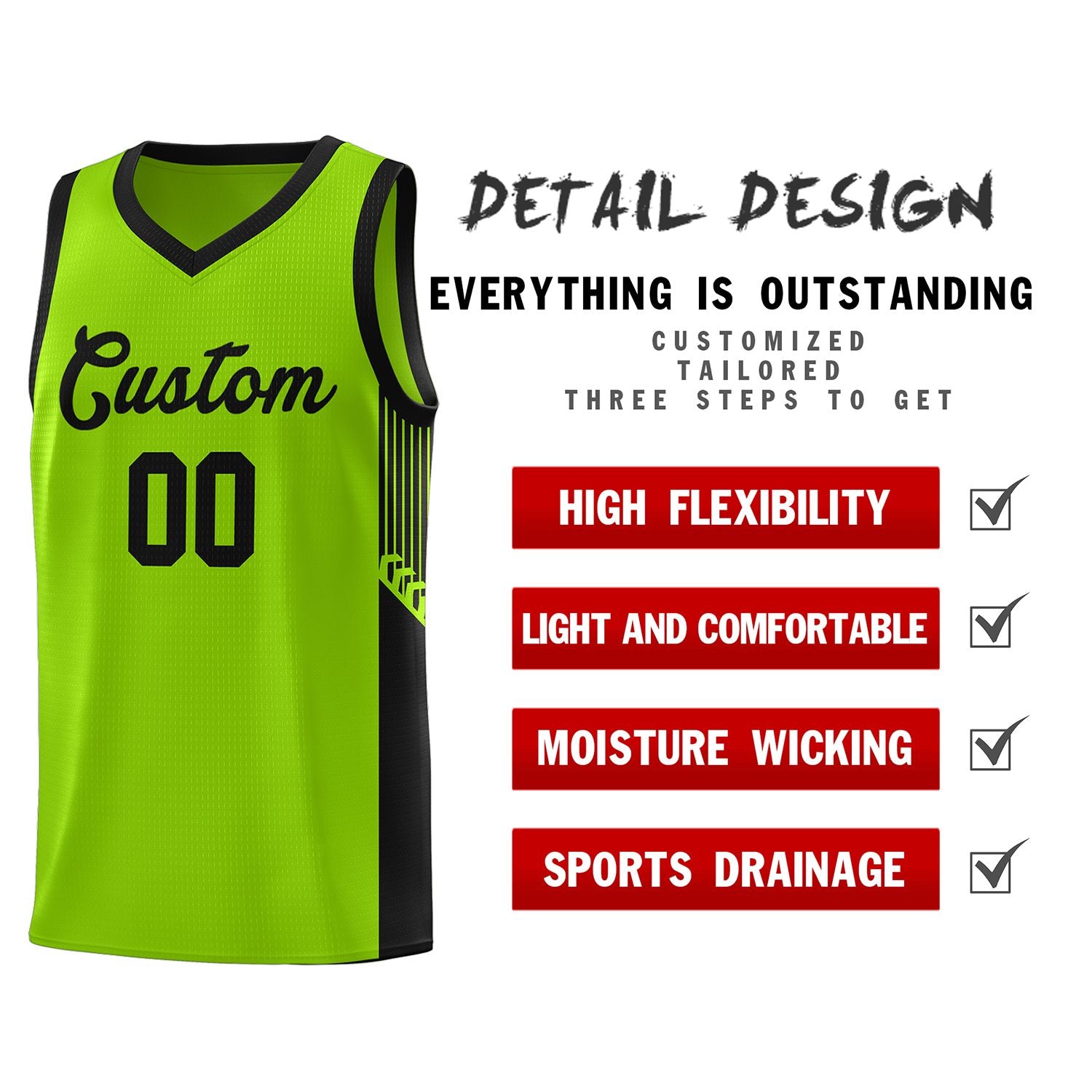 Custom Neon Green Black Side Stripe Fashion Sports Uniform Basketball Jersey