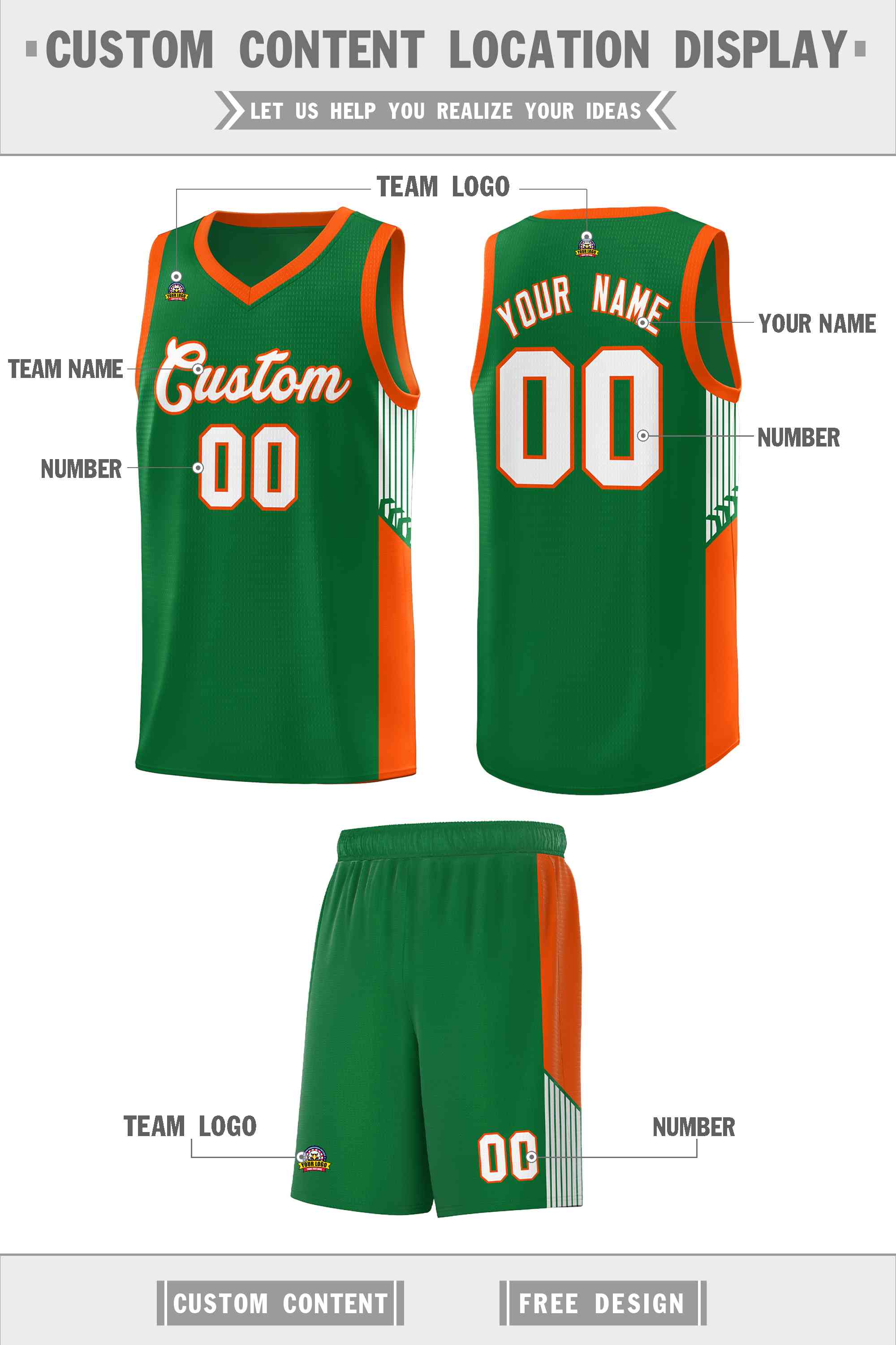 Custom Kelly Green White-Orange Side Stripe Fashion Sports Uniform Basketball Jersey